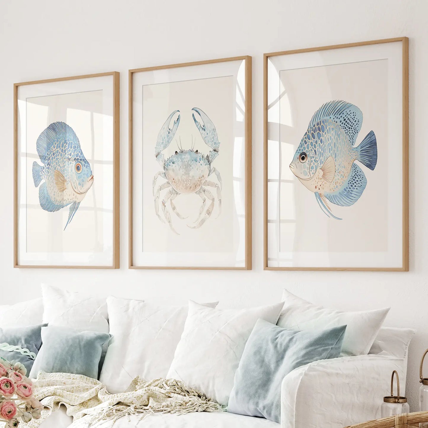 Light blue sea life modern wall art. Beach house decor. Thinwood frames with mat for living room.