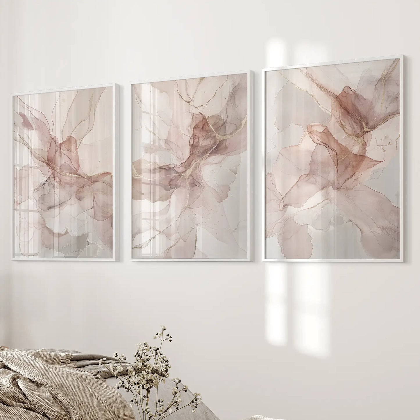 Modern Luxury Home Decor Large Wall Art Poster Set. White Frames Over the Bed.