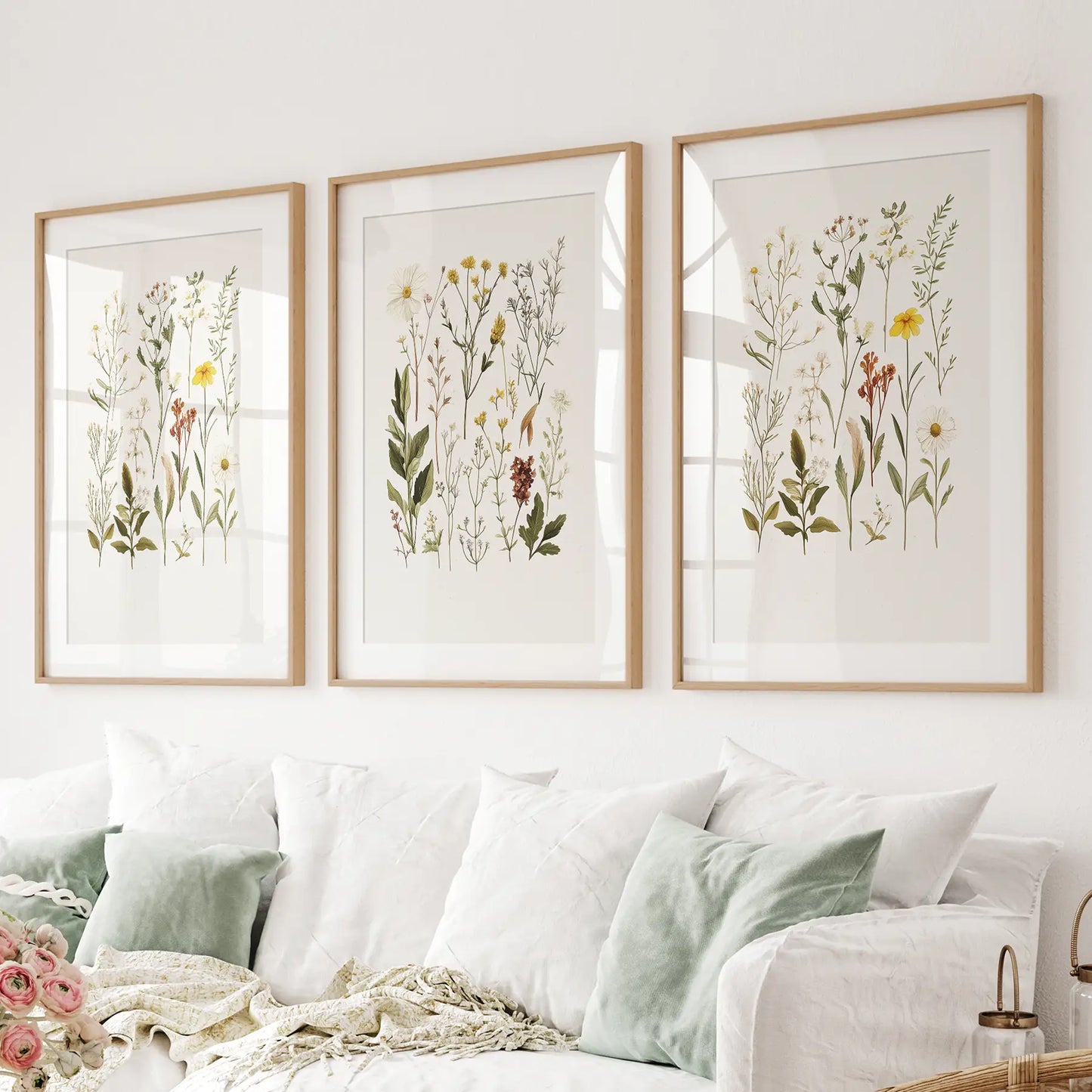 Botanical nursery wall art. Floral modern poster decor. Thinwood frames with mat for living room.