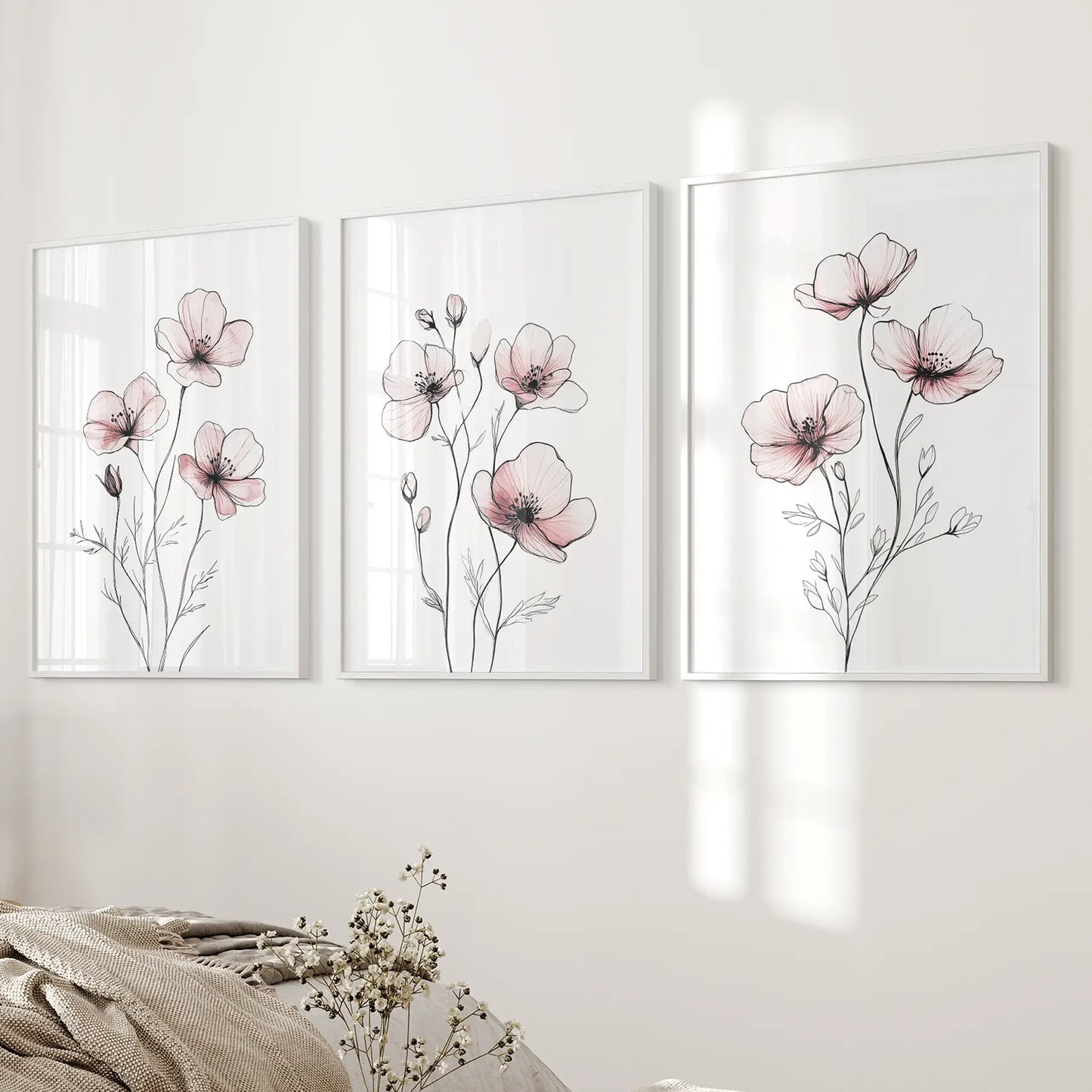 Hand Drawn Floral Prints Botanical Wall Decor. White Frames for Bedroom.
