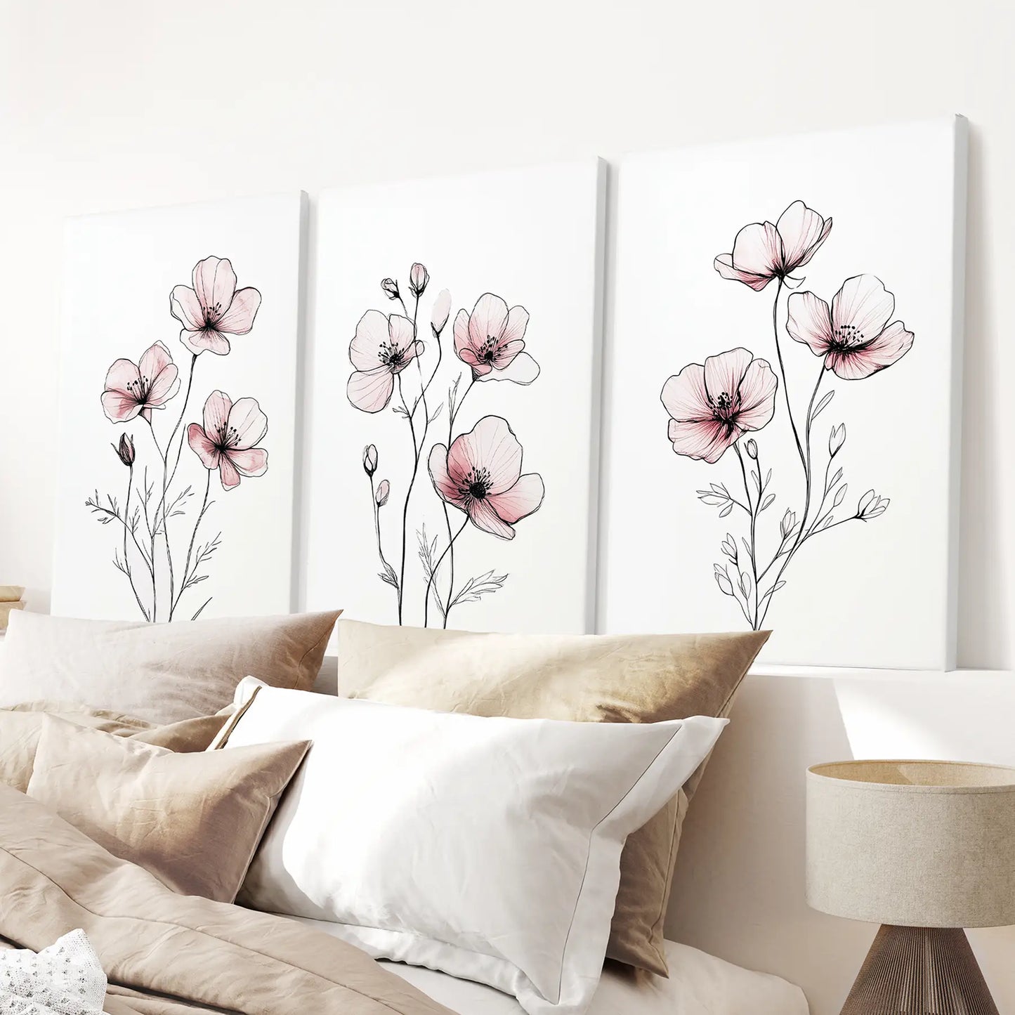 3 Piece Wall Art Botanical Printable Set Prints. Wrapped Canvas Over the Bed.
