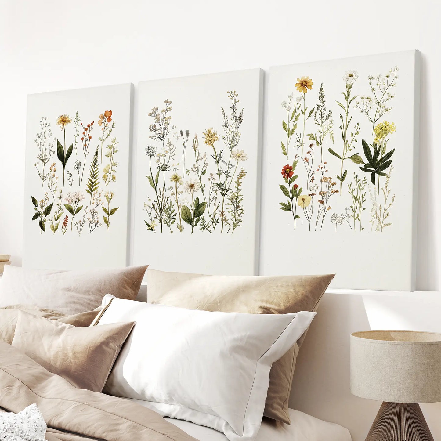Boho Floral Botanical Art Modern Room Decor Posters. Wrapped Canvas Over the Bed.