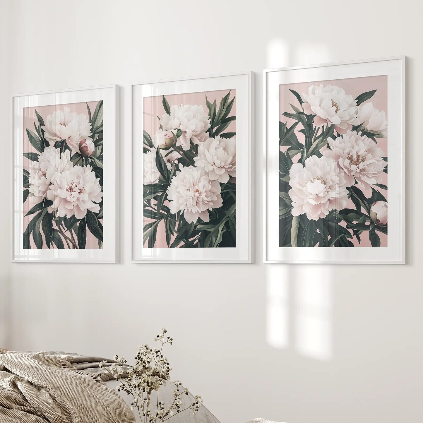 Set of 3 Prints Peonies Watercolor Painting Wall Art. White Frames with Mat Over the Bed.