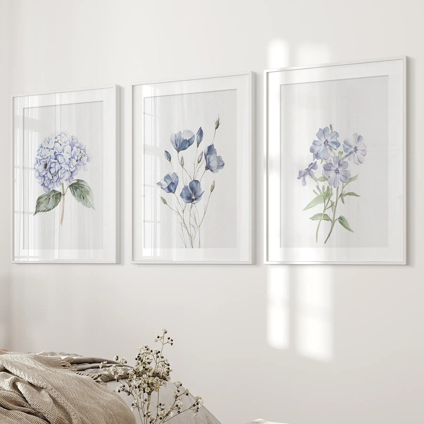 Spring flower poster, large floral wall art prints decor. White frames with mat over the bed.