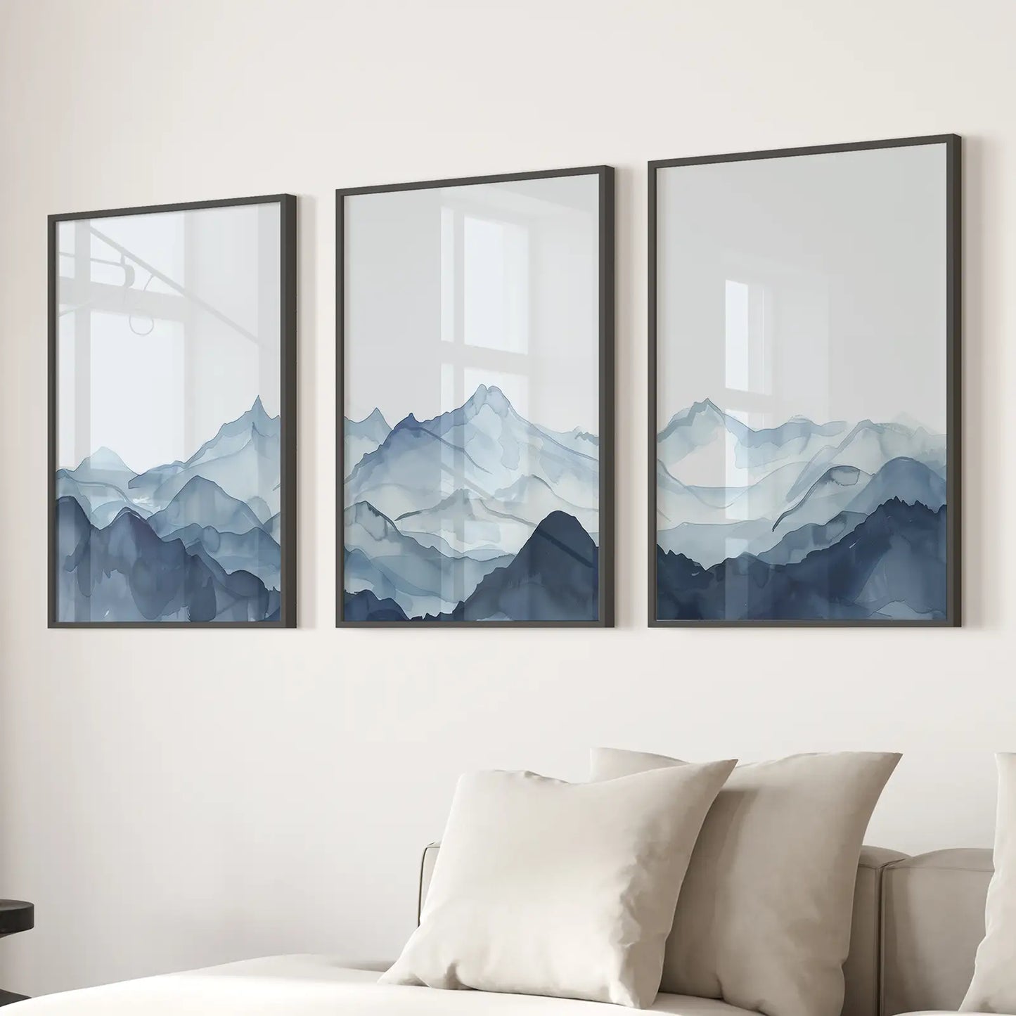Abstract Blue Mountains Modern Wall Decor Poster Set. Black Frames Above the Sofa.