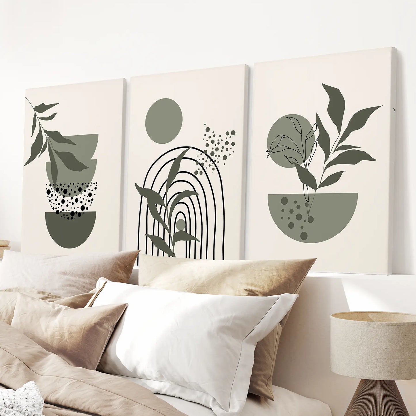Botanical Line Art Geometric Wall Art Design. Wrapped Canvas Above the Bed.