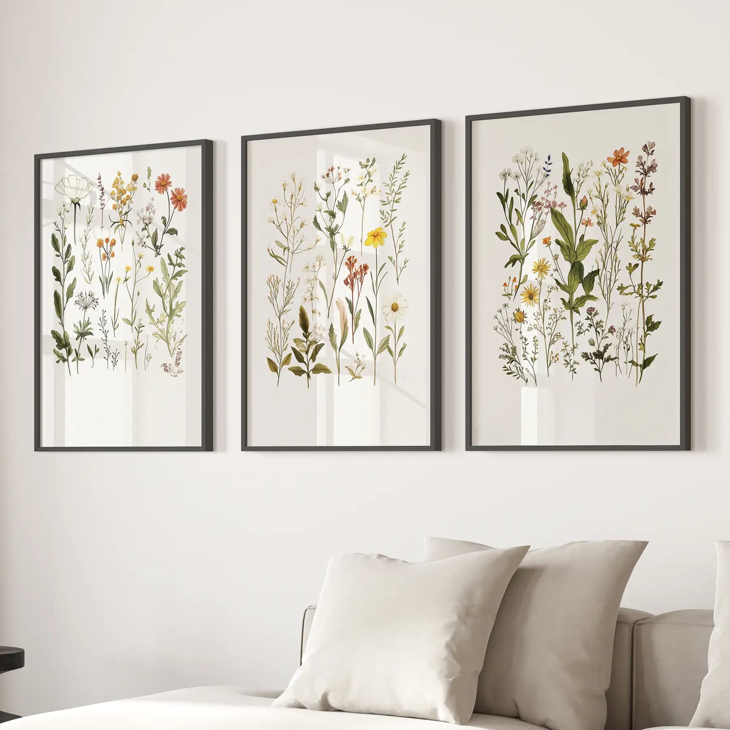 Spring Wildflowers Print Modern Watercolor Art Decor. Black Frames Above the Sofa.