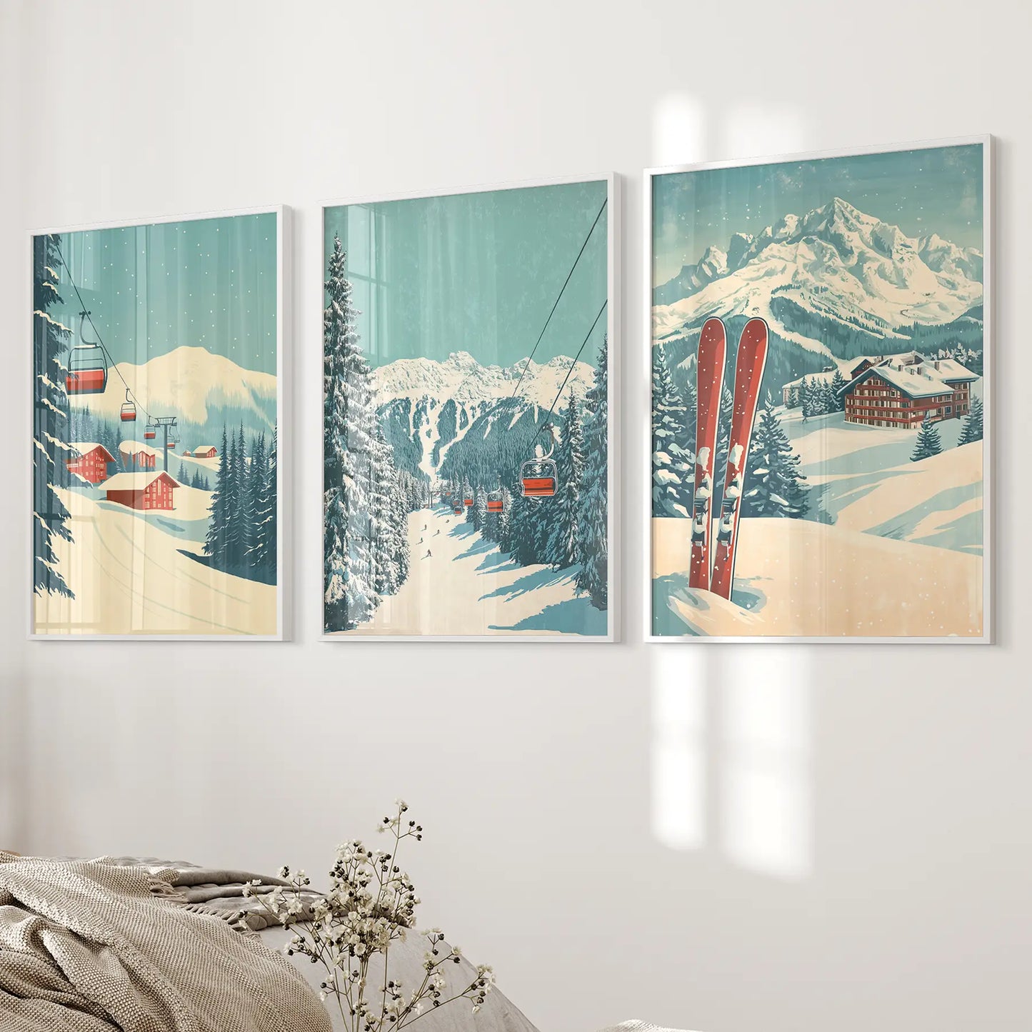 Winter Wonderland Wall Art Cottage Prints Decor. White Frames Over the Bed.