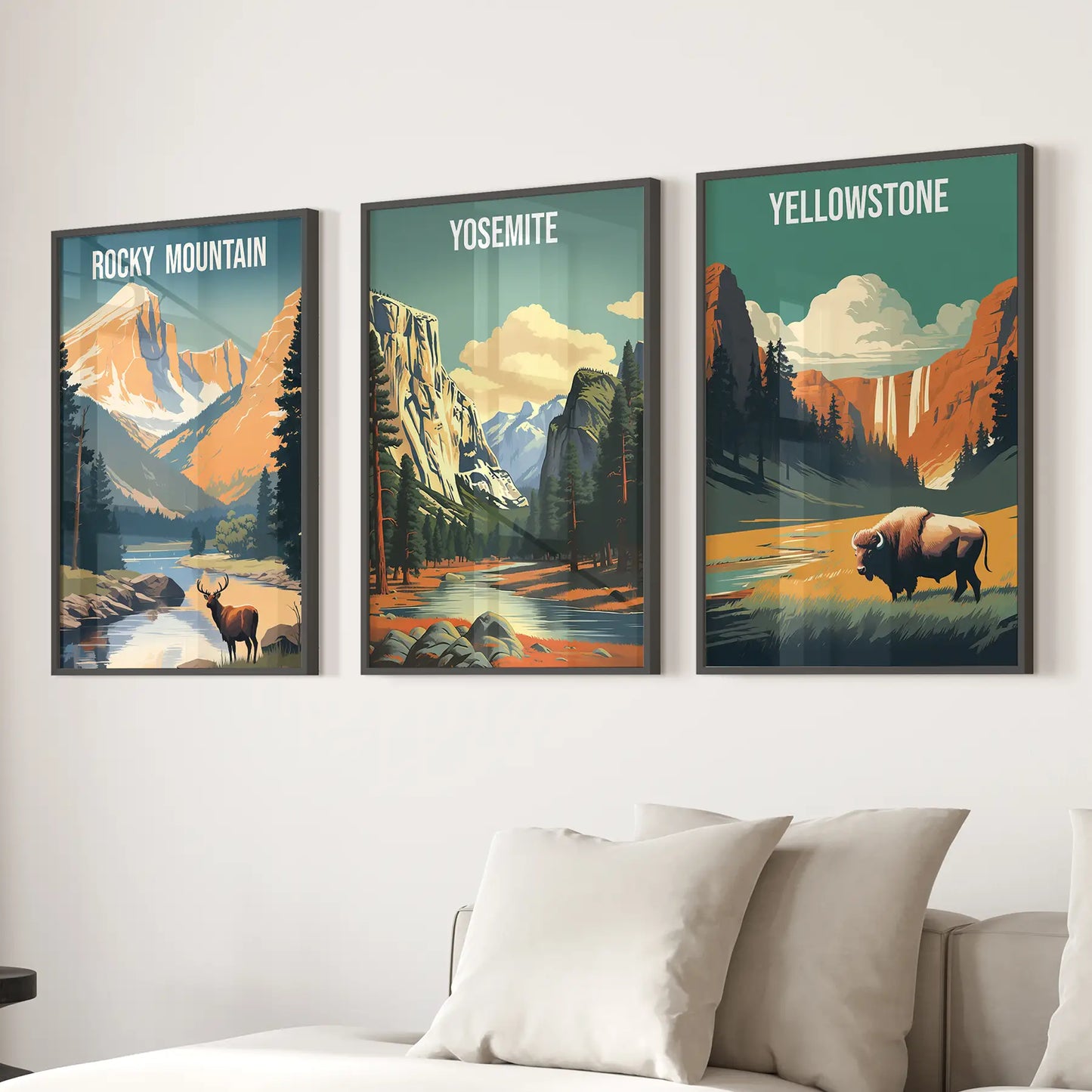 Yosemite national park vintage travel poster decor. Black frames above the sofa.