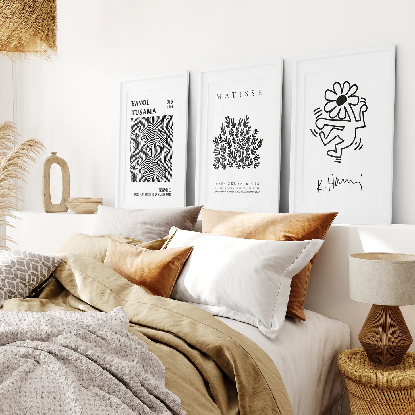 Modern Exhibition Museum Yayoi Kusama Home Decor. White Frames with Mat Over the Bed.