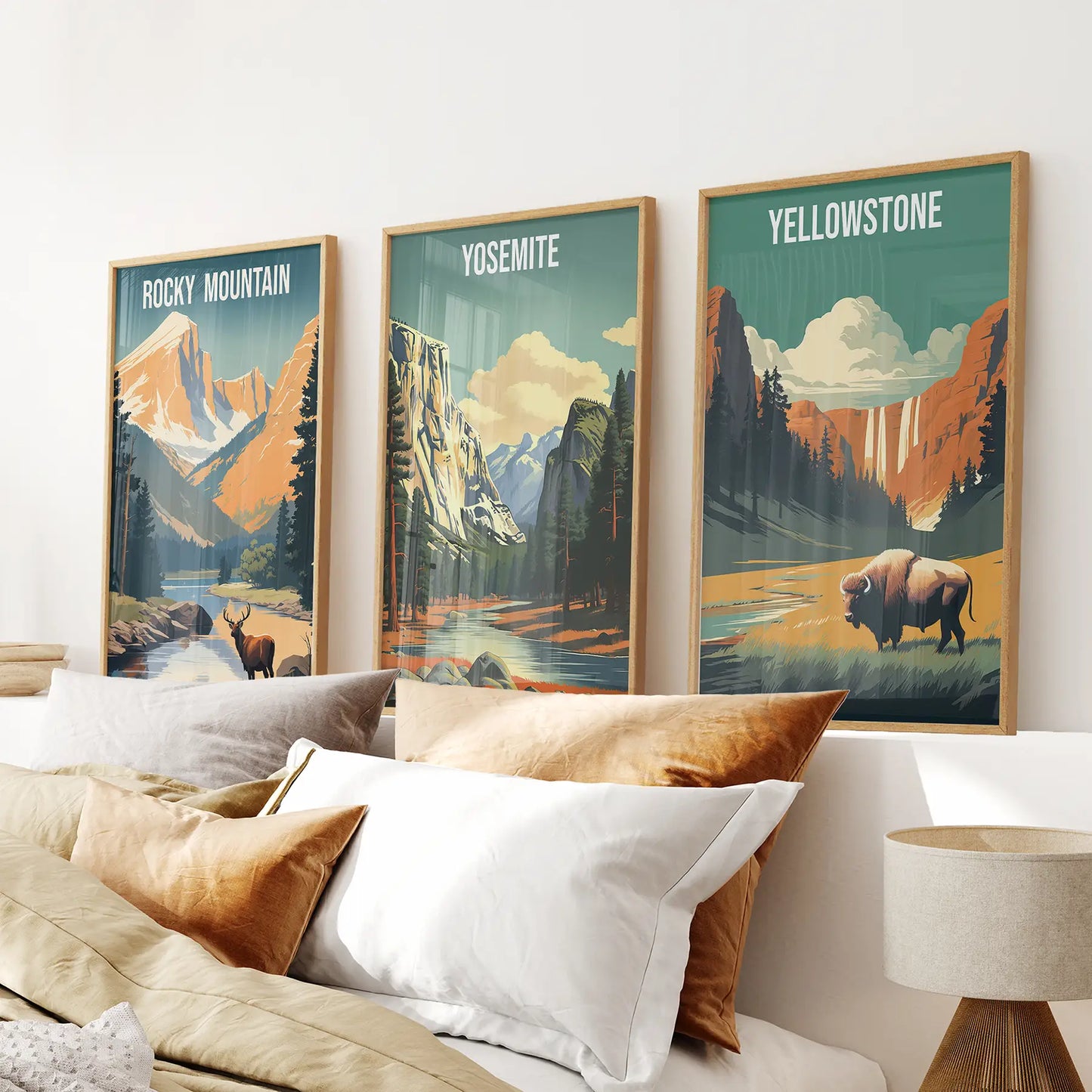 Nature landscape art. Adventure travel wall prints decor. Thinwood frames above the bed.