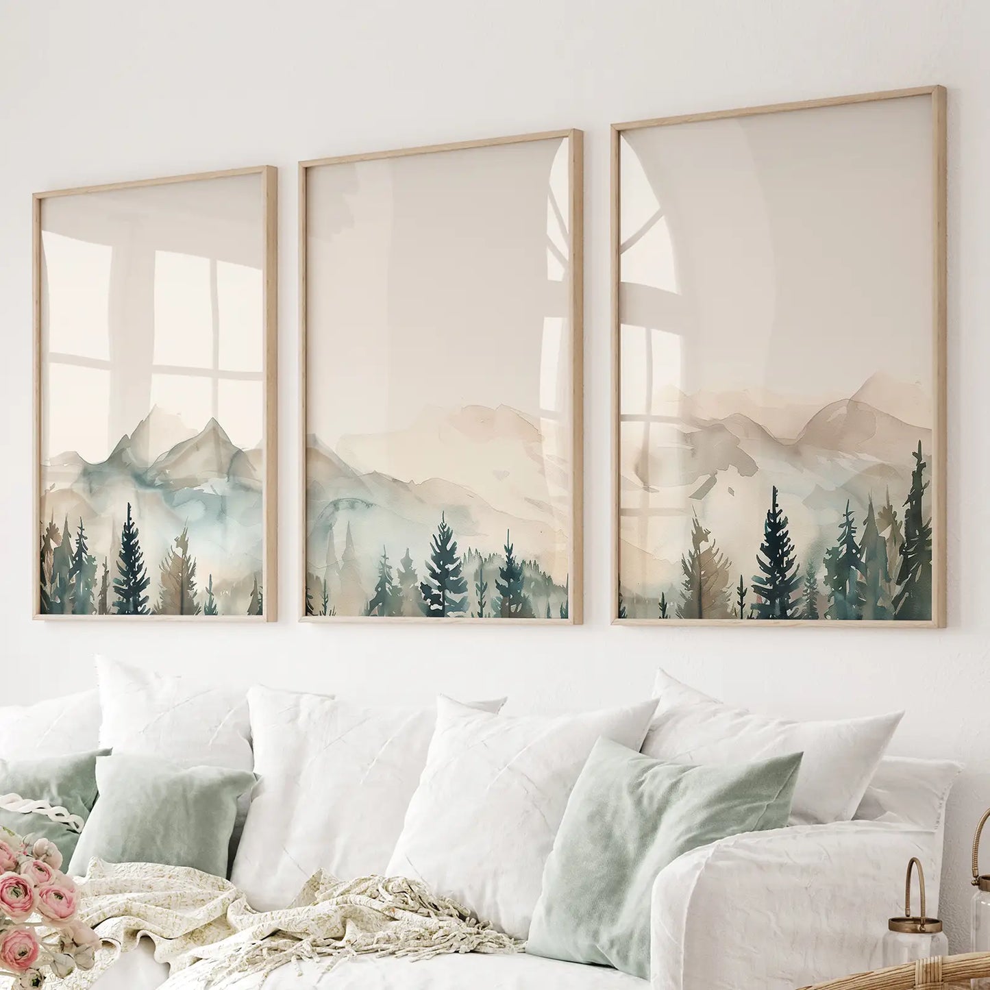 Green Forest Large Prints Trendy Wall Art. Thinwood Frames Above the Sofa.