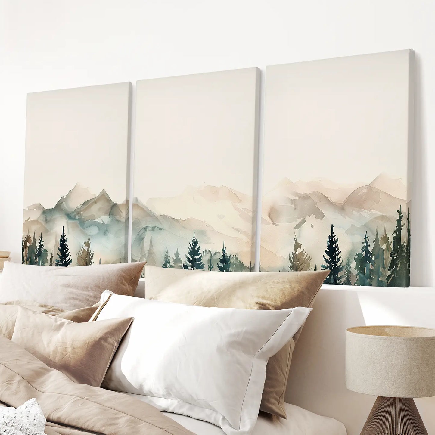 Watercolor Mountains Trendy Wall Decor Prints. Stretched Canvas Over the Bed.
