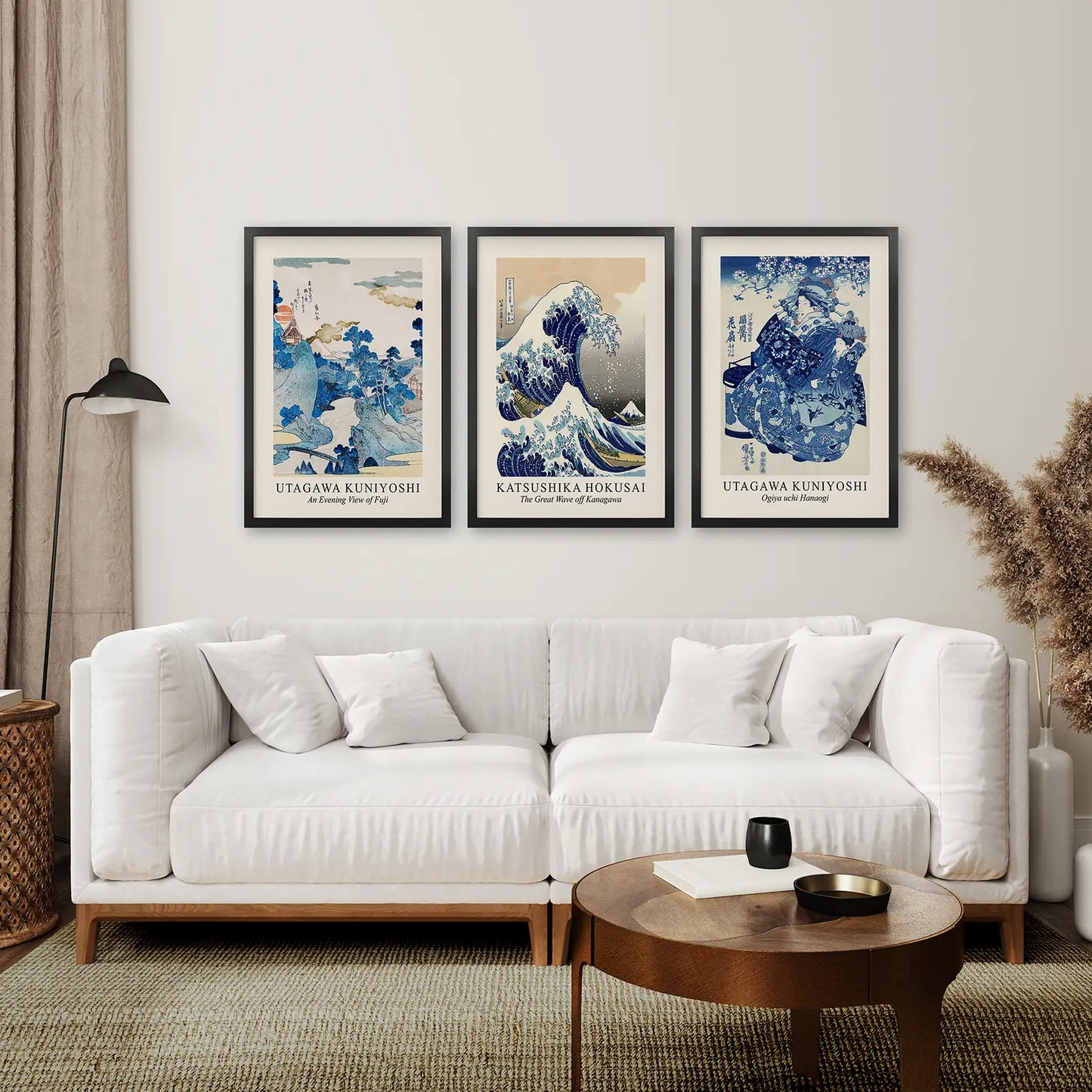 Vintage Japanese Museum Wall Art Prints. Black Frames Above the Sofa.
