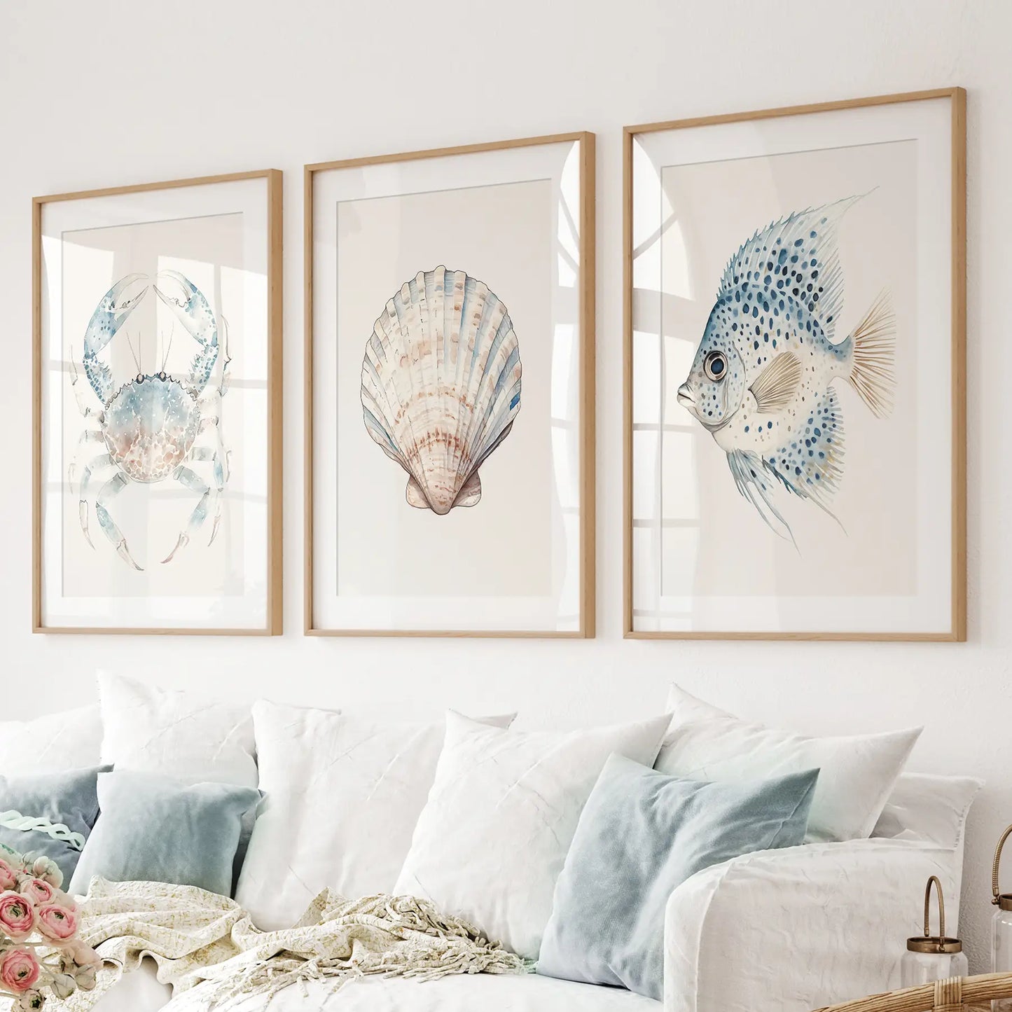 Ocean wall art beach decor. Coastal nautical sea life wall art. Thinwood frames with mat for living room.