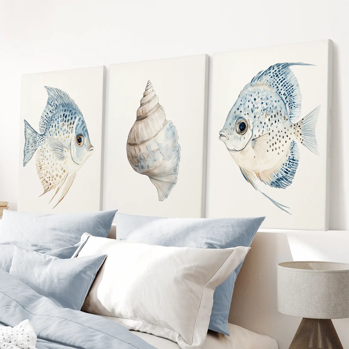 Beach house bathroom artwork. Nautical painting art prints. Stretched canvas above the bed.