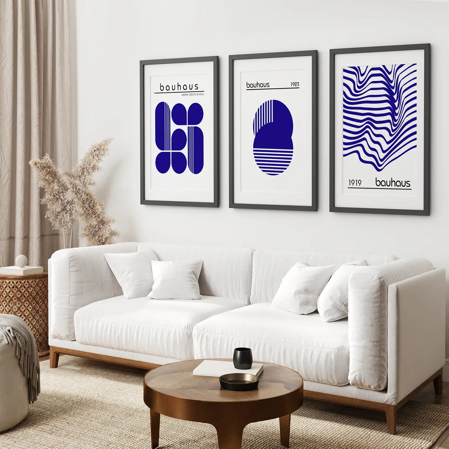 Modern Bauhaus Abstract Shapes Art Set. Black Frames with Mat Above the Sofa.