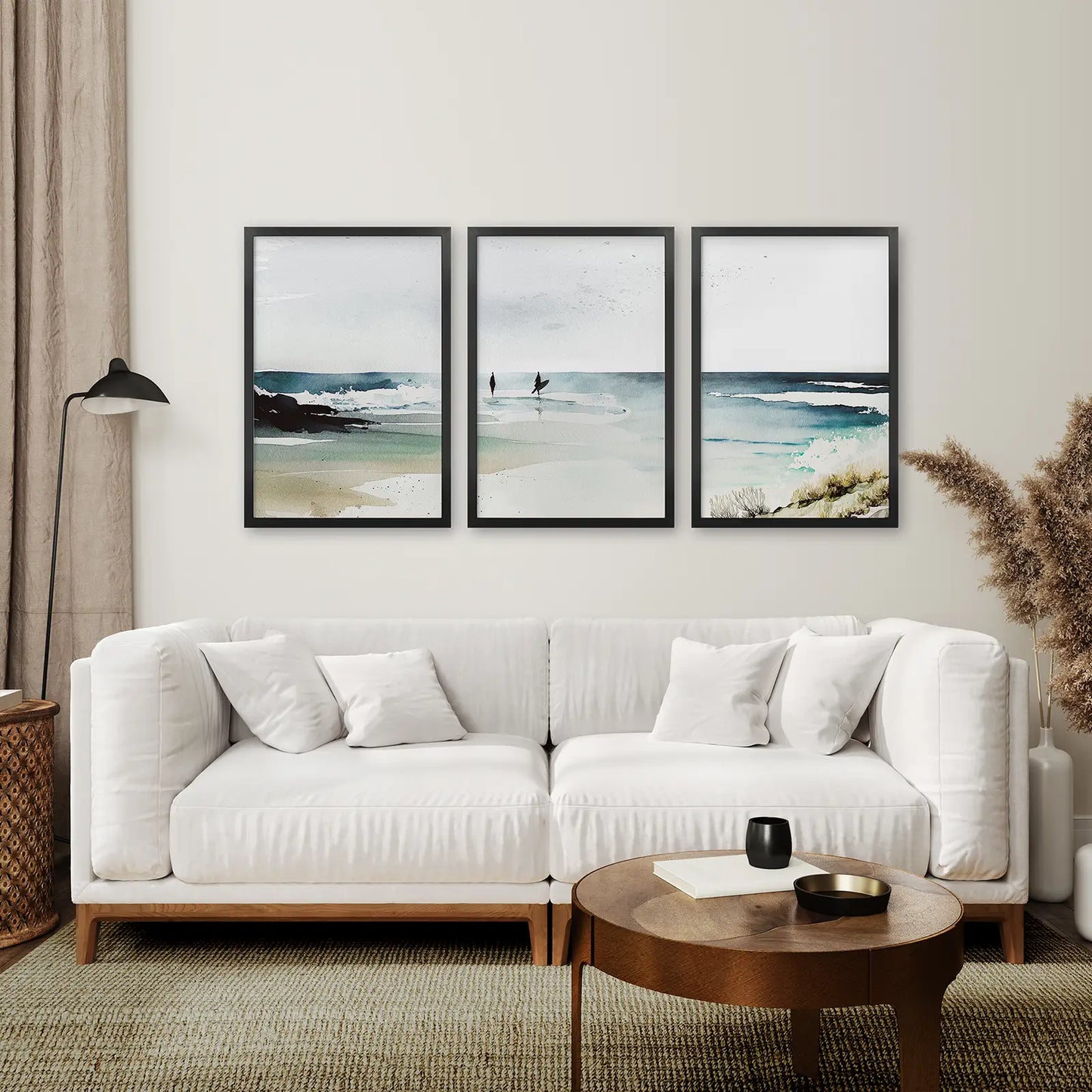 Trendy Watercolor Ocean Art Decor Poster Set. Black Frames Over the Couch.