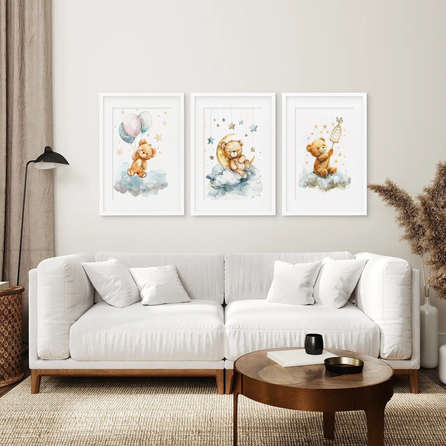 Adorable baby bedroom art set with watercolor teddy bears and stars. White frames with mat above the sofa.