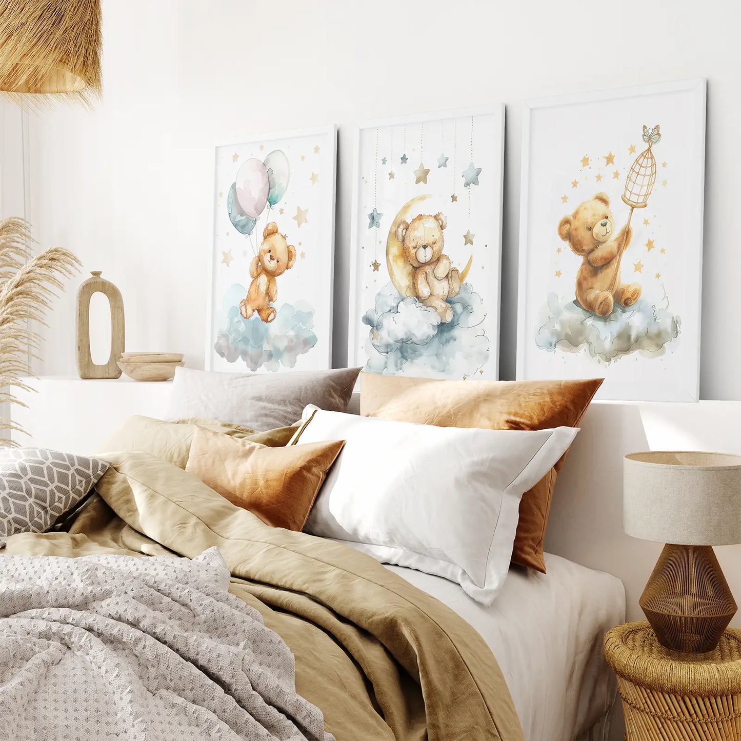 Whimsical cloud and star bear prints for baby nursery decor. White frames for bedroom.