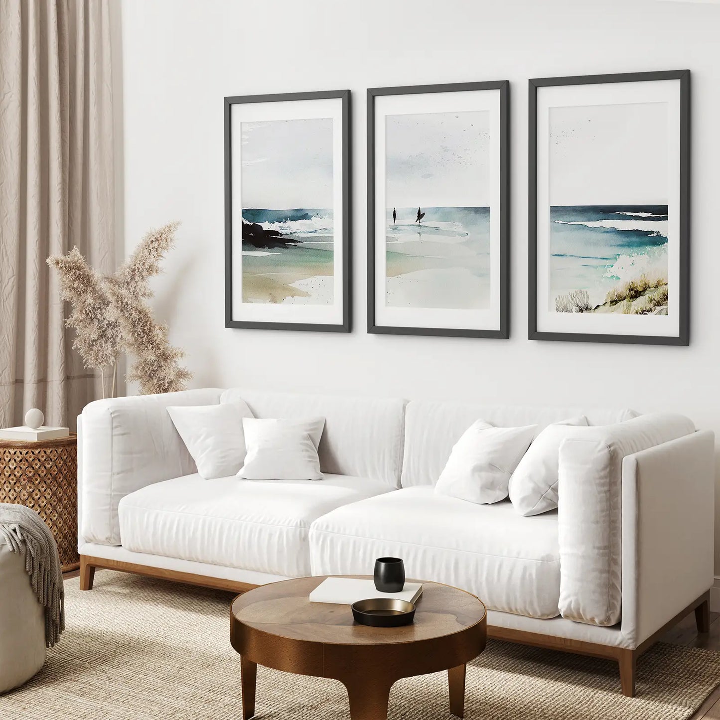 Coastal Living Room Wall Decor Print Set. Black Frames with Mat Above the Sofa.