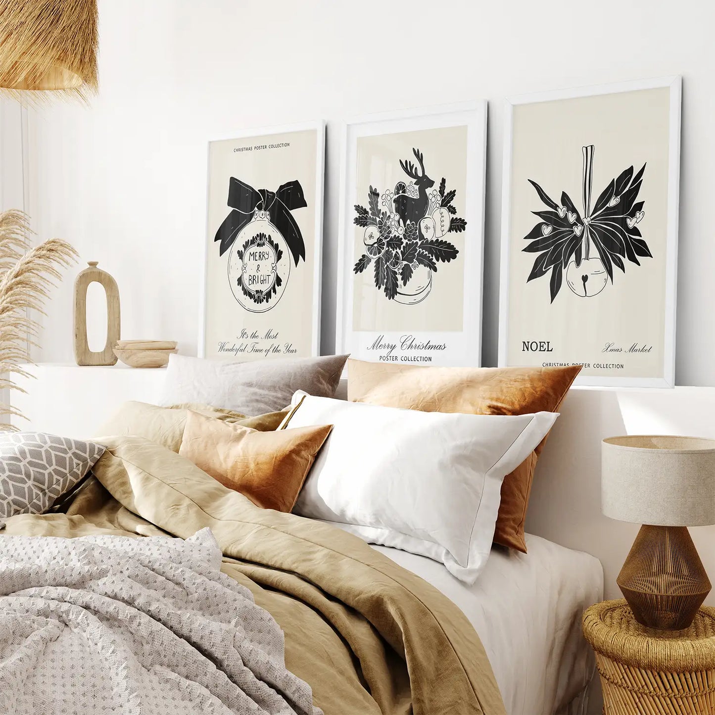 Black and Beige Trendy Wall Art Poster. White Frames for Bedroom.