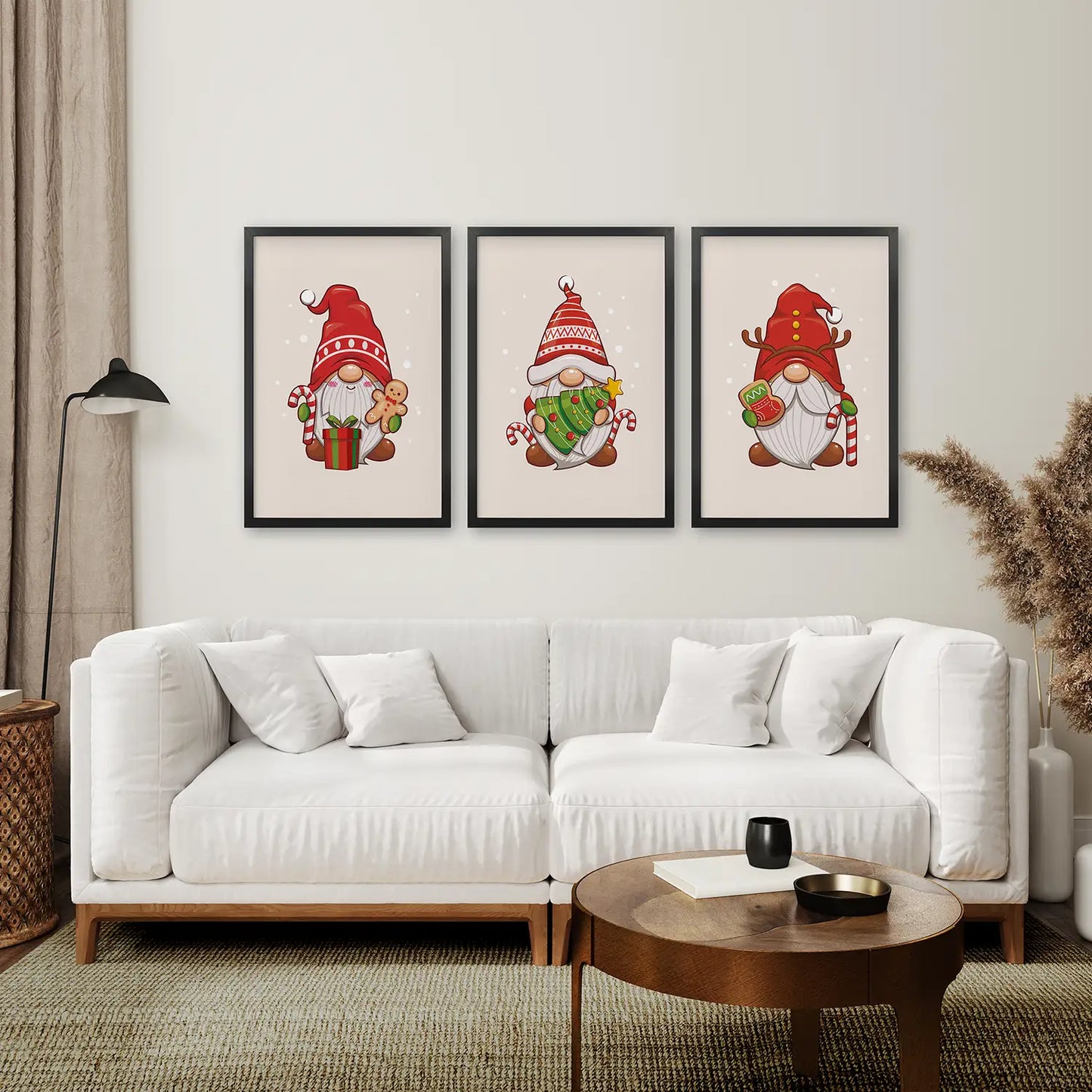 Cute Christmas Art Trendy Wall Art Prints. Black Frames Above the Sofa.
