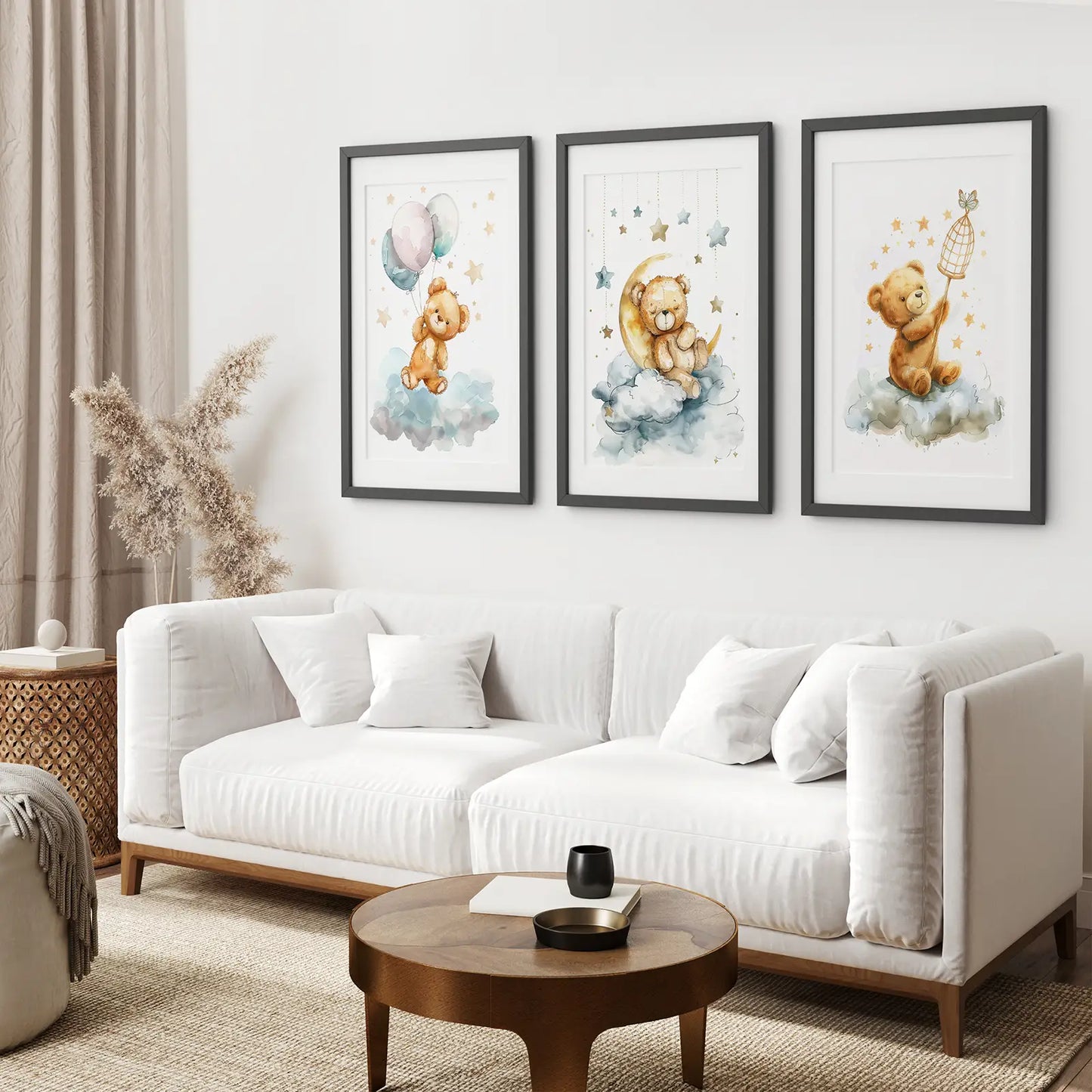 Bear nursery poster set of 3 watercolor baby wall prints. Black frames with mat over the couch.