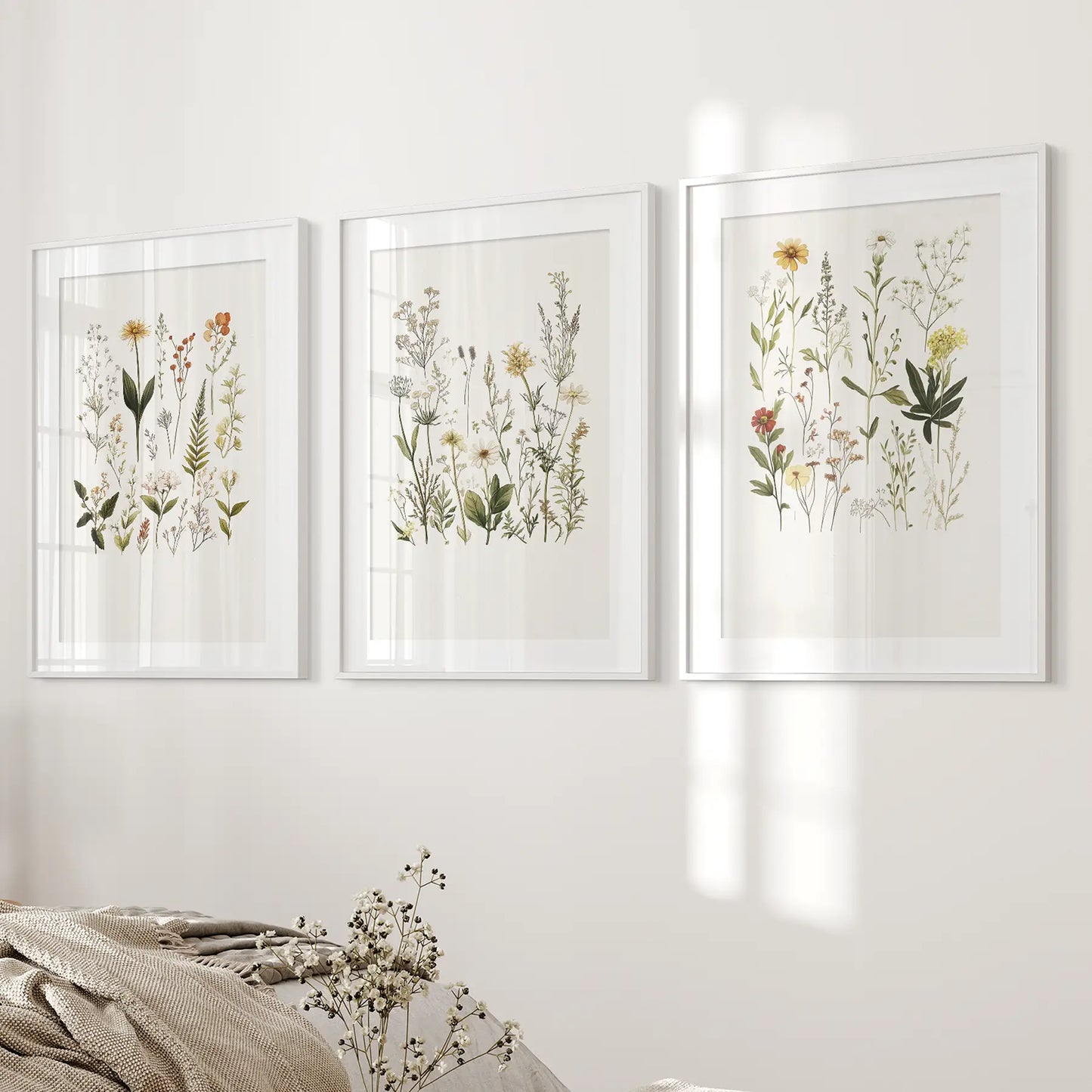 Wildflower Nursery Botanical Gallery Trendy Art Set. White Frames with Mat Above the Bed.