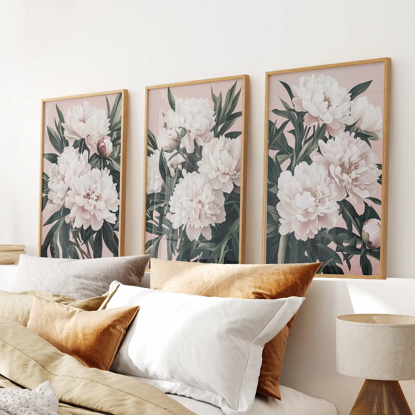 Pink Blooming Peonies Floral Wall Decor. Thinwood Frames for Bedroom.