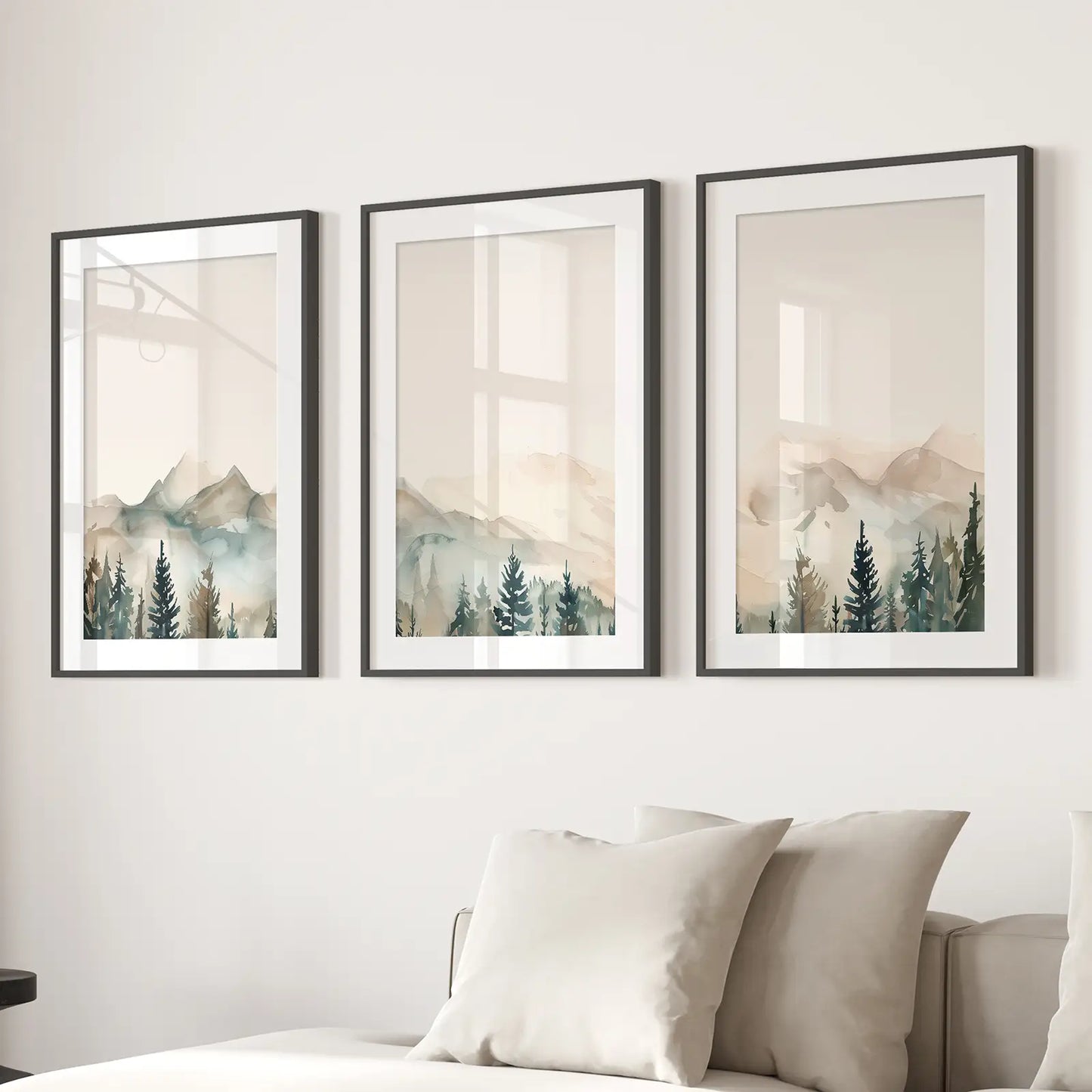 Living Room Decor Forest Set of 3 Prints Wall Art. Black Frames with Mat for Living Room.