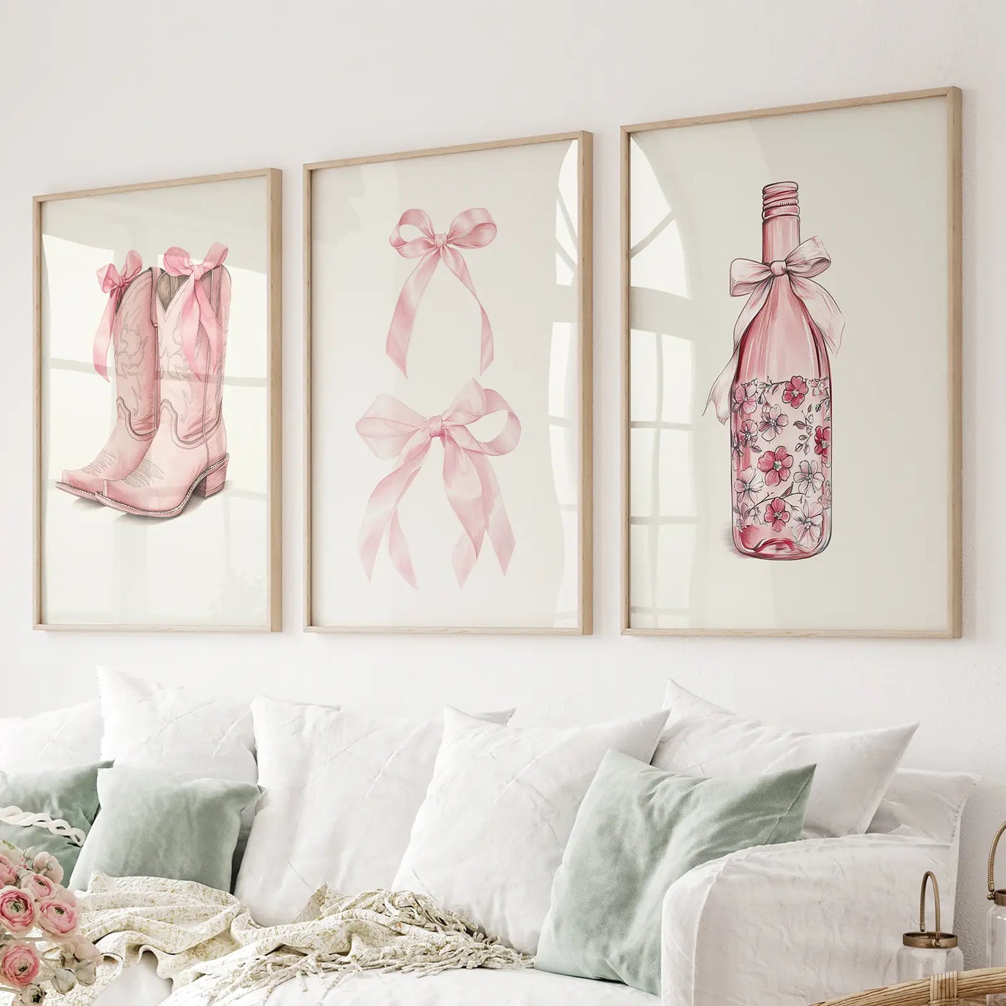 Girly western wall decor with boots, bows, and wine bottle art. Thinwood frames for living room.