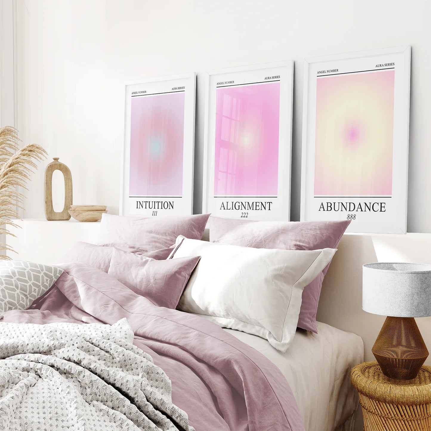 Trendy Gradient Colourful Aura Wall Art Decor. White Frames Over the Bed.
