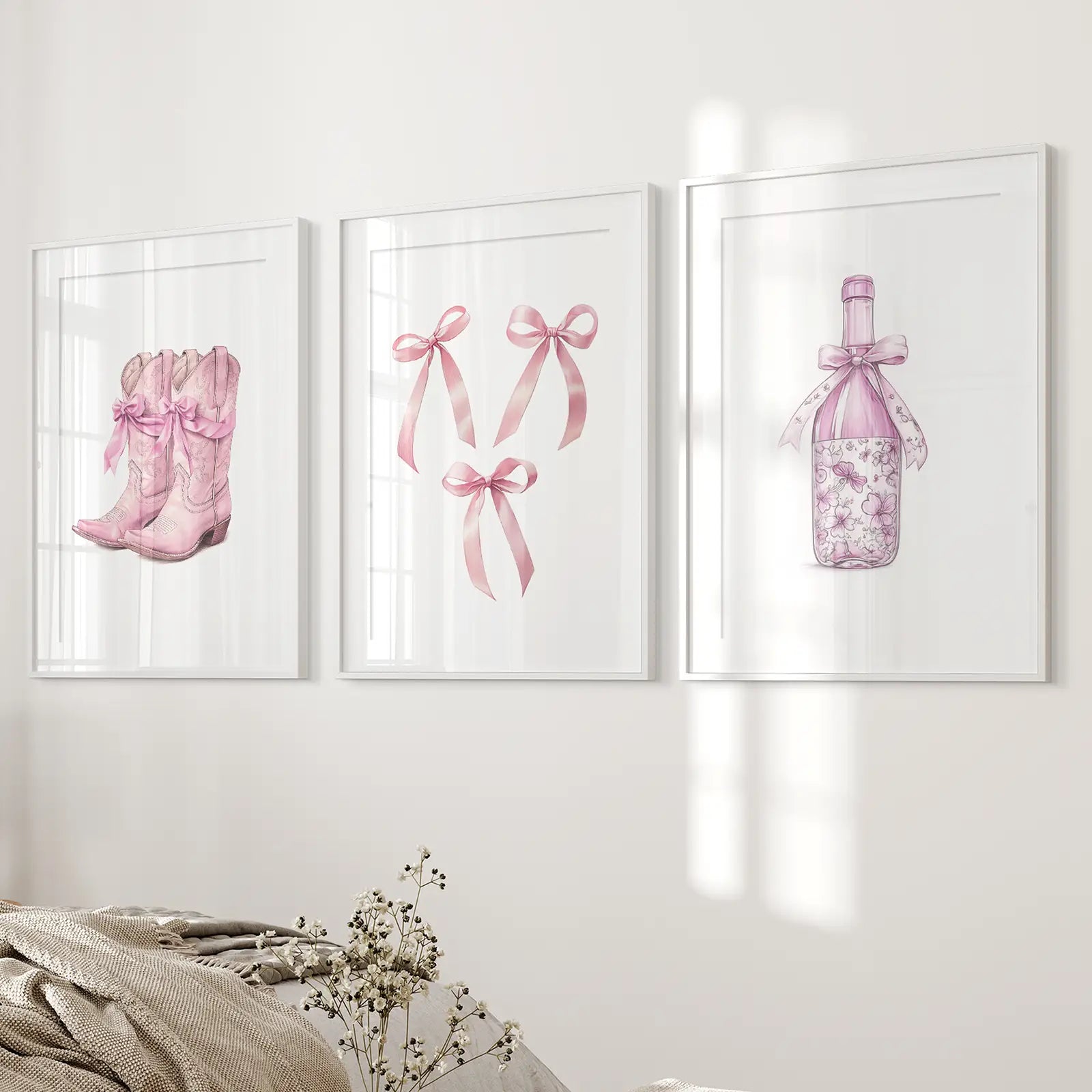 Pink girly cowboy boots wall art – stylish western boho home decoration. White frames with mat for bedroom.