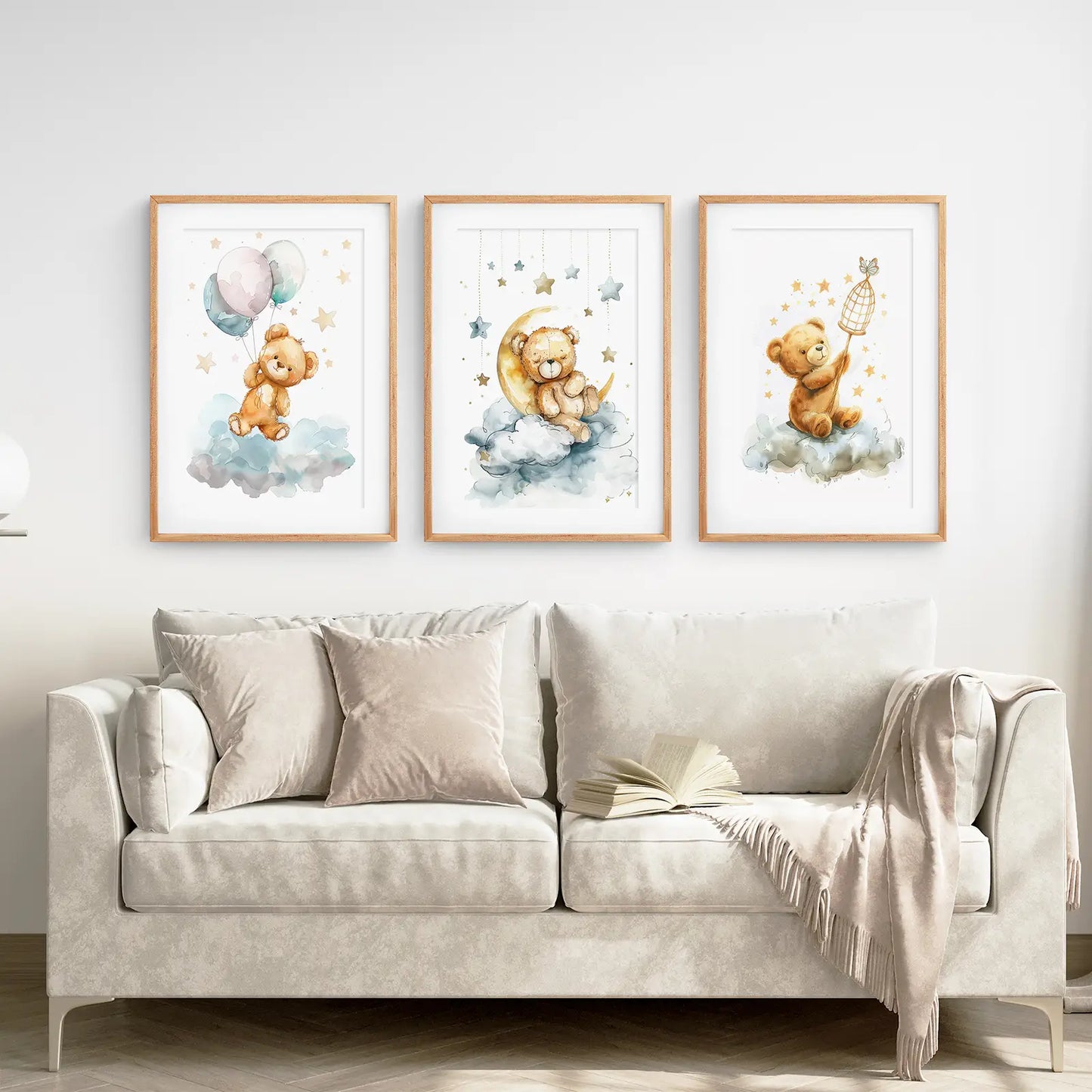 Soft beige and blue teddy bear art for neutral nursery walls. Thinwood frames with mat above the sofa.