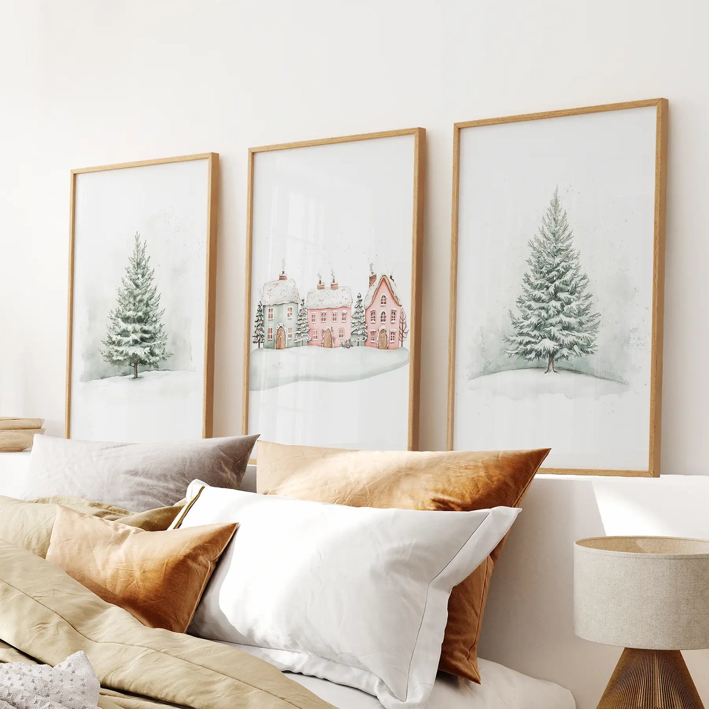 Snowy Christmas Tree Watercolor Art Print Set. Thinwood Frames Above the Bed.