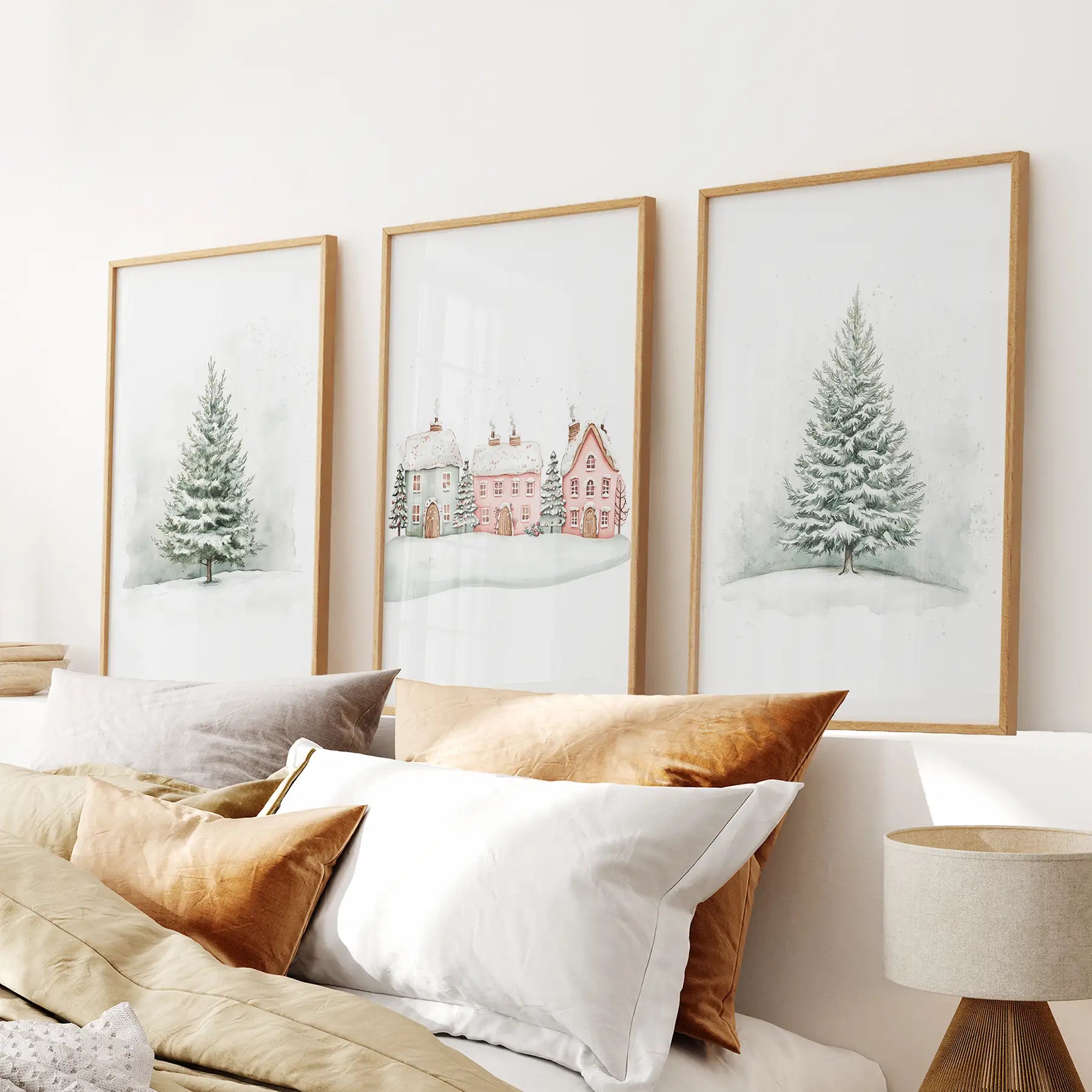Snowy Christmas Tree Watercolor Art Print Set. Thinwood Frames Above the Bed.