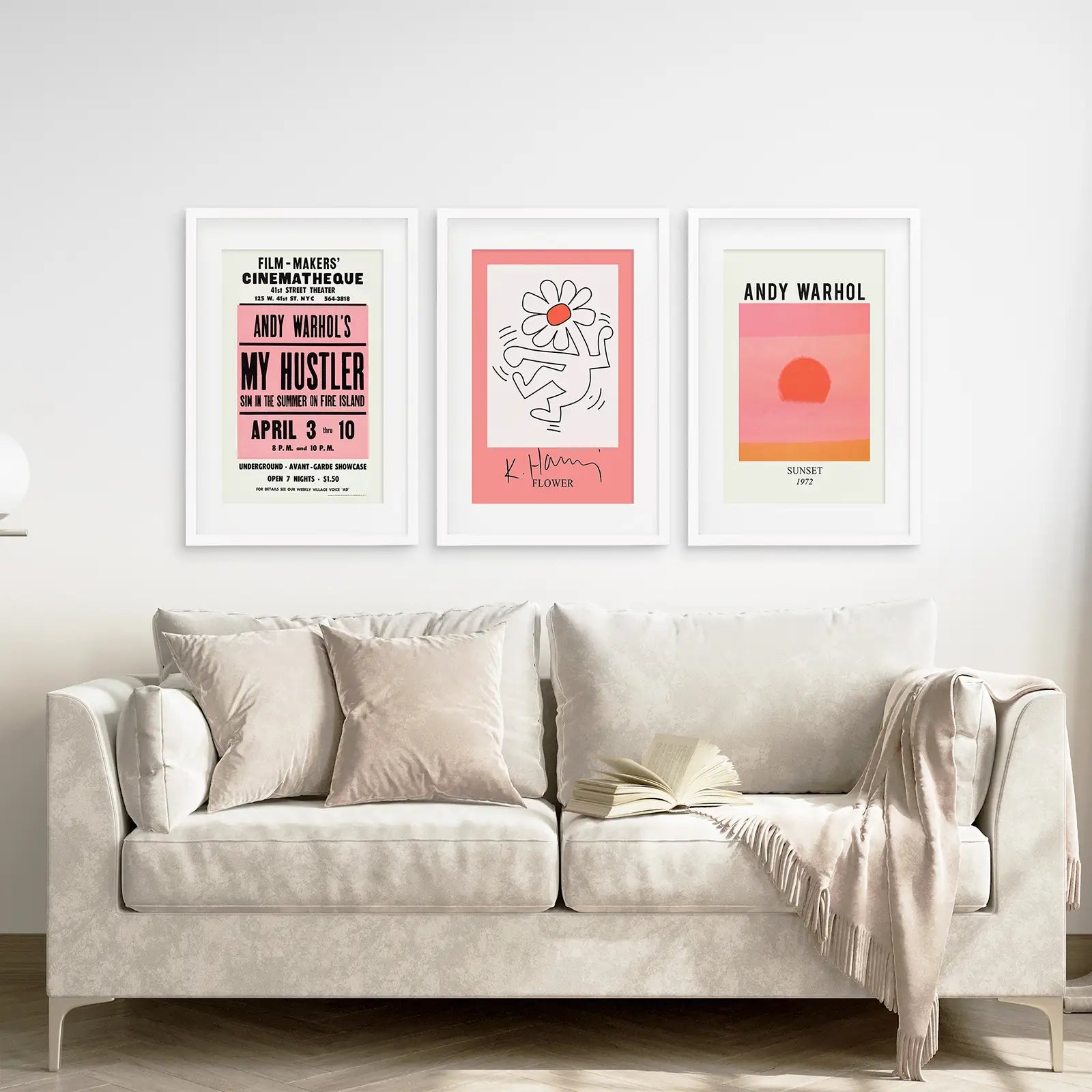 Museum Poster Bright Pink Art Set Decor. White Frames with Mat Above the Sofa.