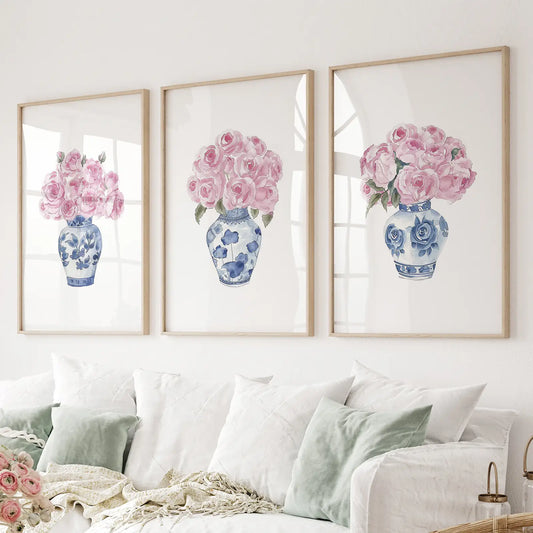 Pink roses in blue and white vase wall art set of 3 prints. Thinwood frames for living room.