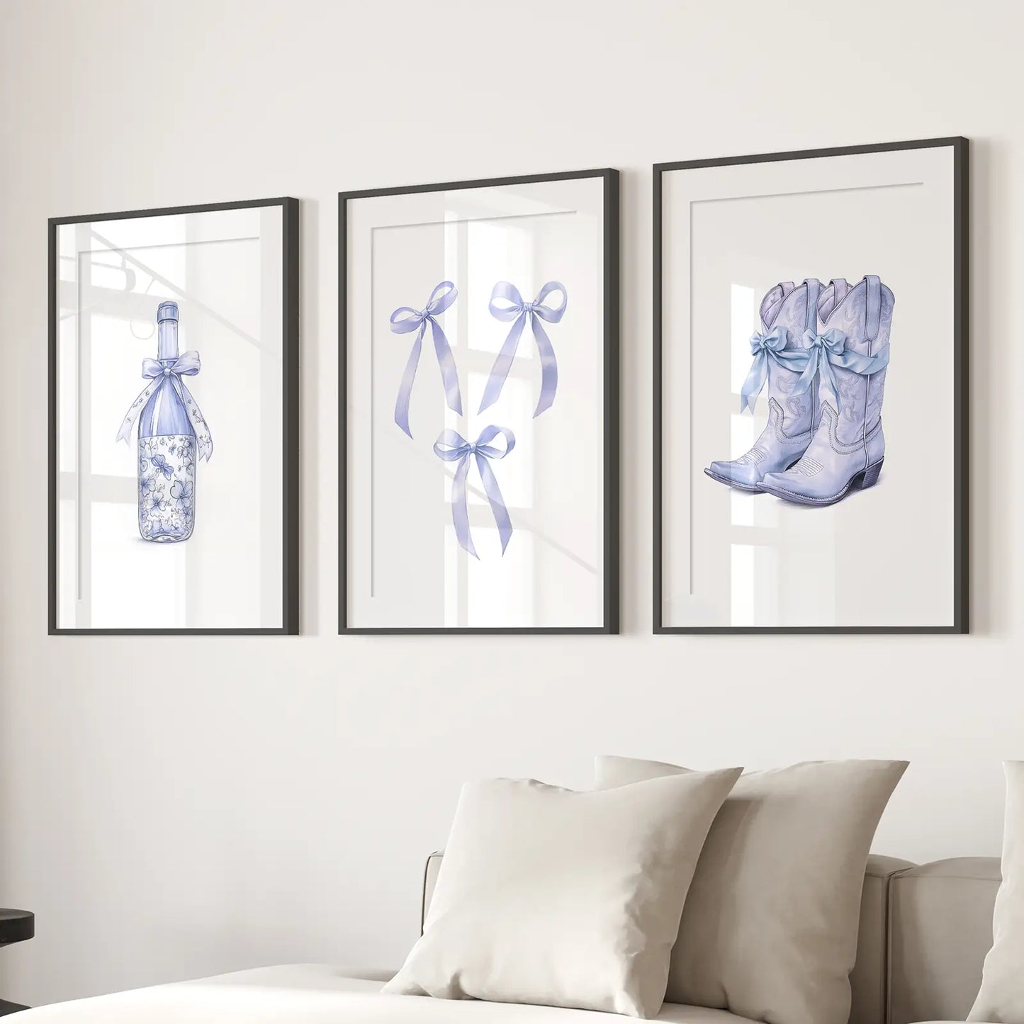 Trendy Romantic Preppy Dorm Decor Art Poster Set. Black Frames with Mat Above the Sofa.