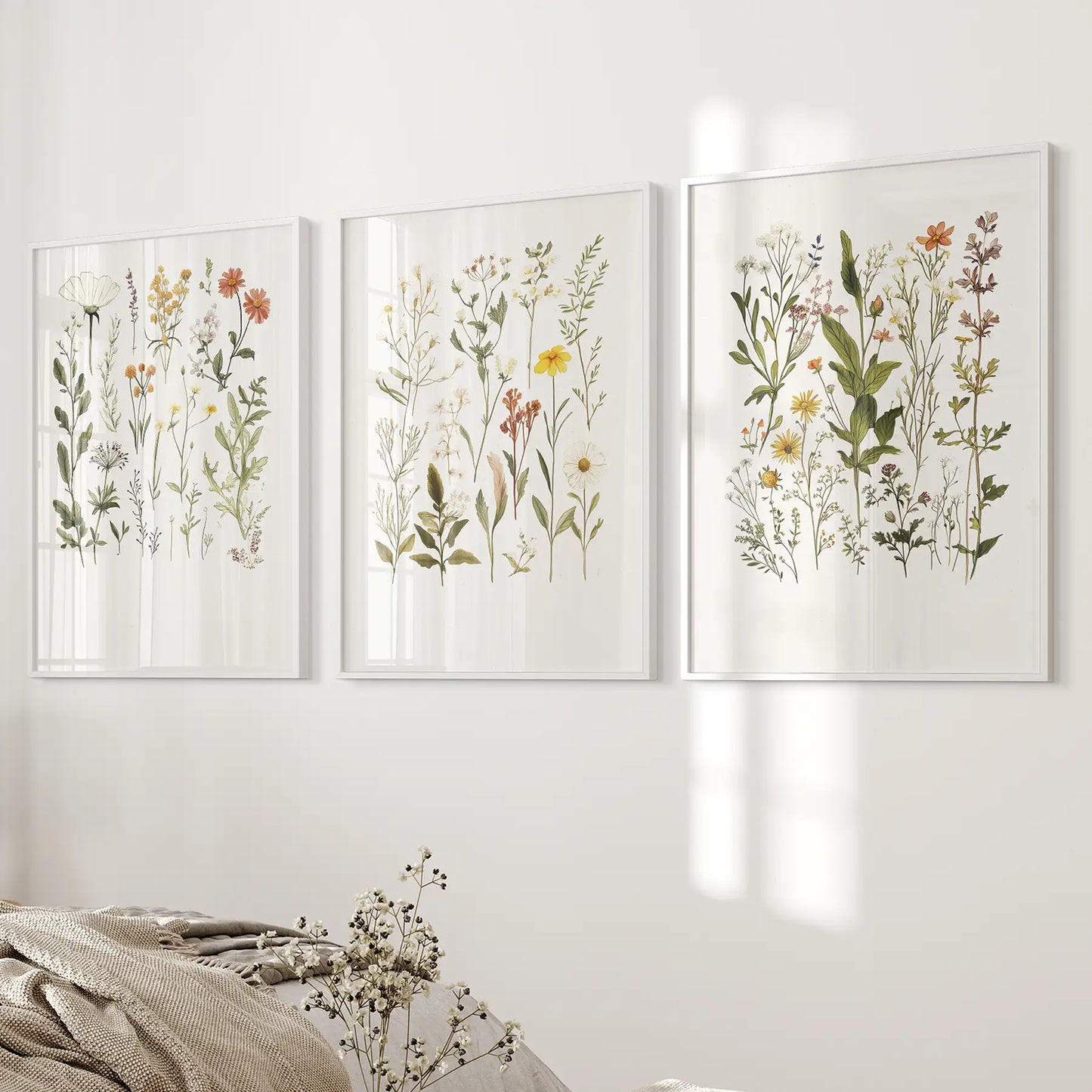 Floral Bedroom Wall Art Botanical Trendy Poster Decor. White Frames for Bedroom.