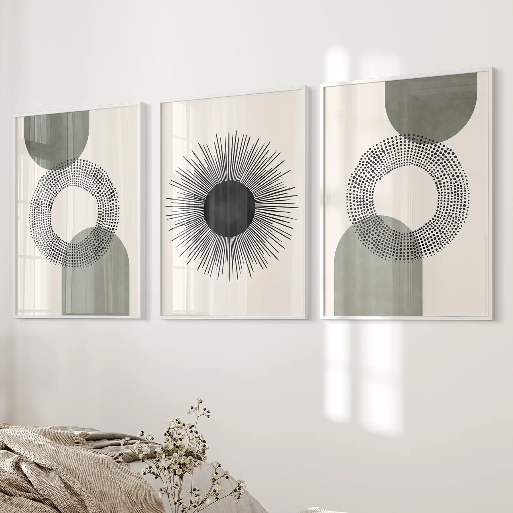 Gallery Wall Art Geometric Abstract Print Set Decor. White Frames Over the Bed.