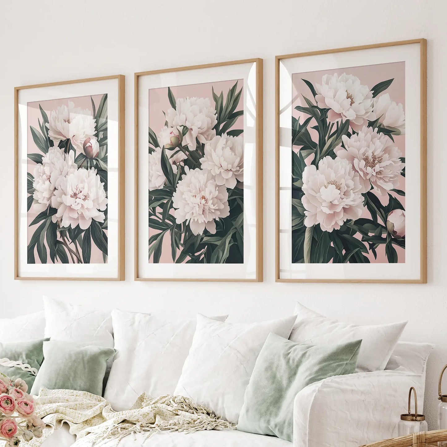 Floral Wall Art Home Decor Gift Modern Print Set. Thinwood Frames with Mat for Living Room.