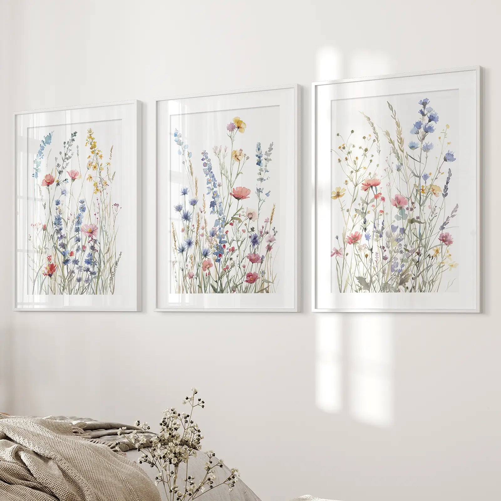 Watercolor wildflowers poster set botanical triptych prints. White frames with mat for bedroom.