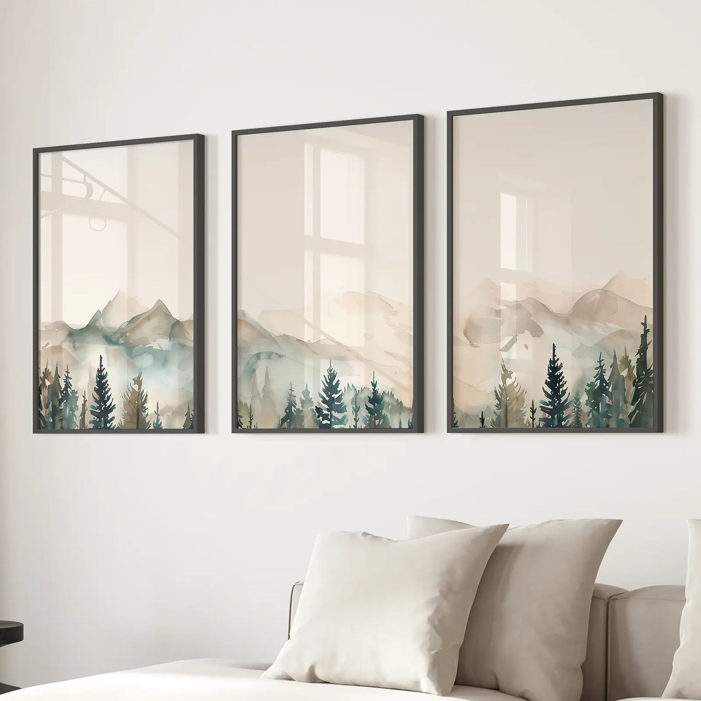 Pine Forest Poster Neutral Wall Art Decor Set. Black Frames Above the Sofa.
