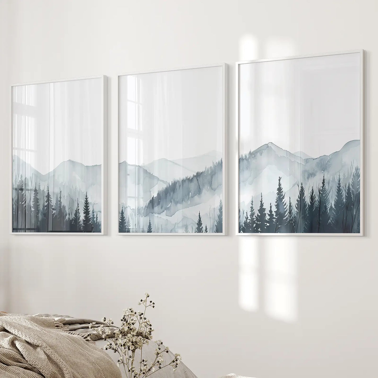 Abstract Nature Print Painting Wall Art Decor Set. White Frames for Bedroom.