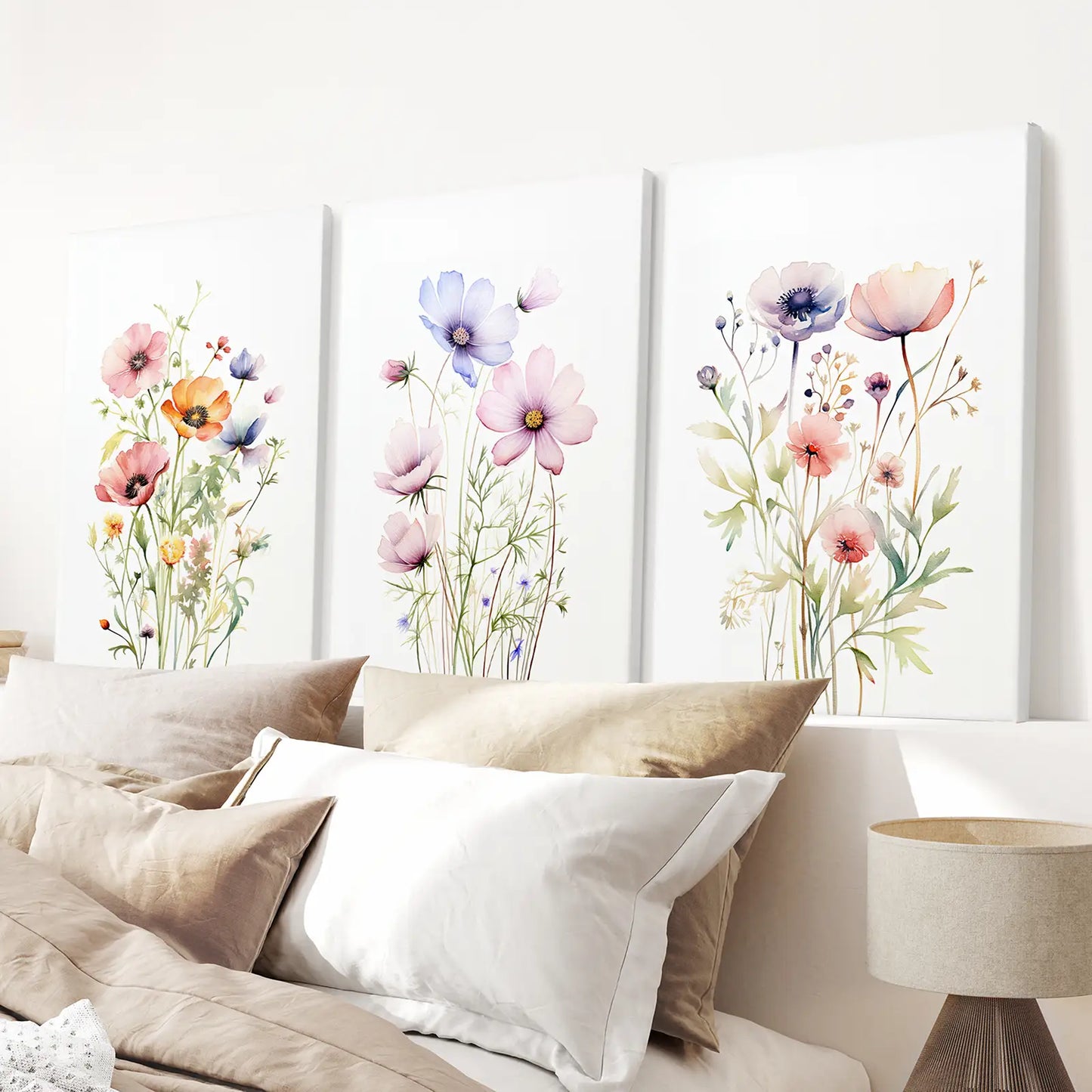 Colorful Wildflower Watercolor Prints Botanical Wall Art. Stretched Canvas for Bedroom.