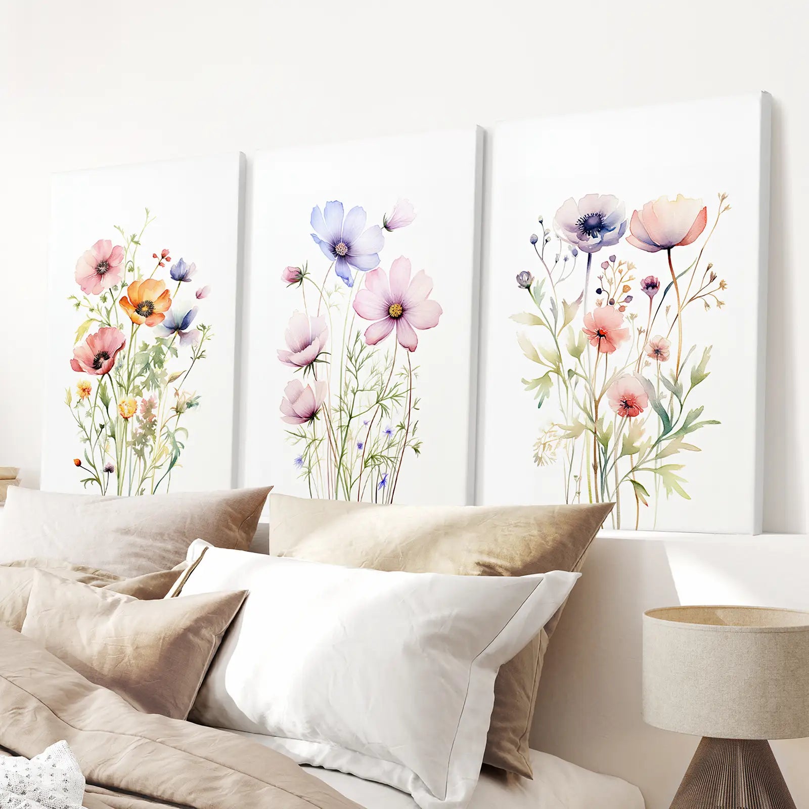Colorful Wildflower Watercolor Prints Botanical Wall Art. Stretched Canvas for Bedroom.