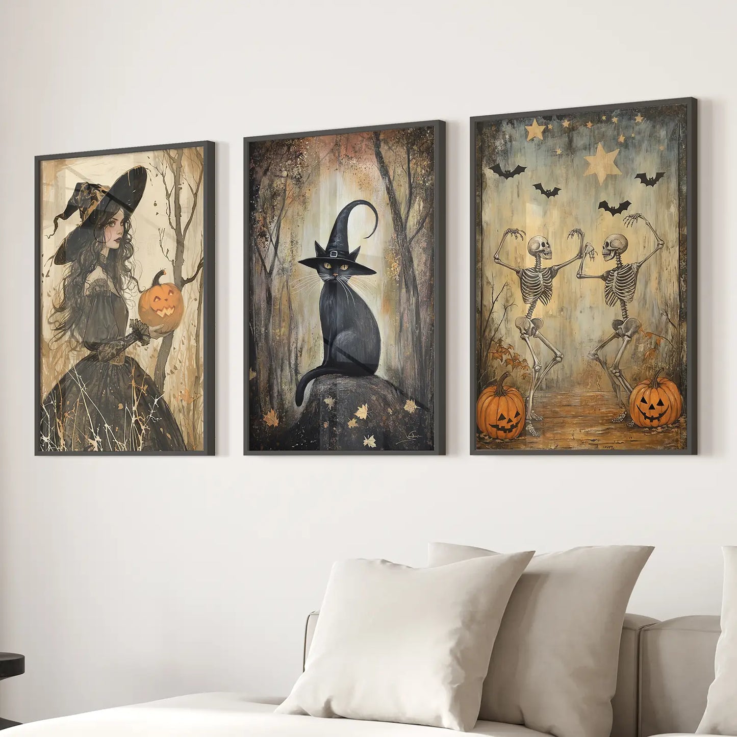 Black cat in witch hat wall art print spooky Halloween decoration. Black frames above the sofa.