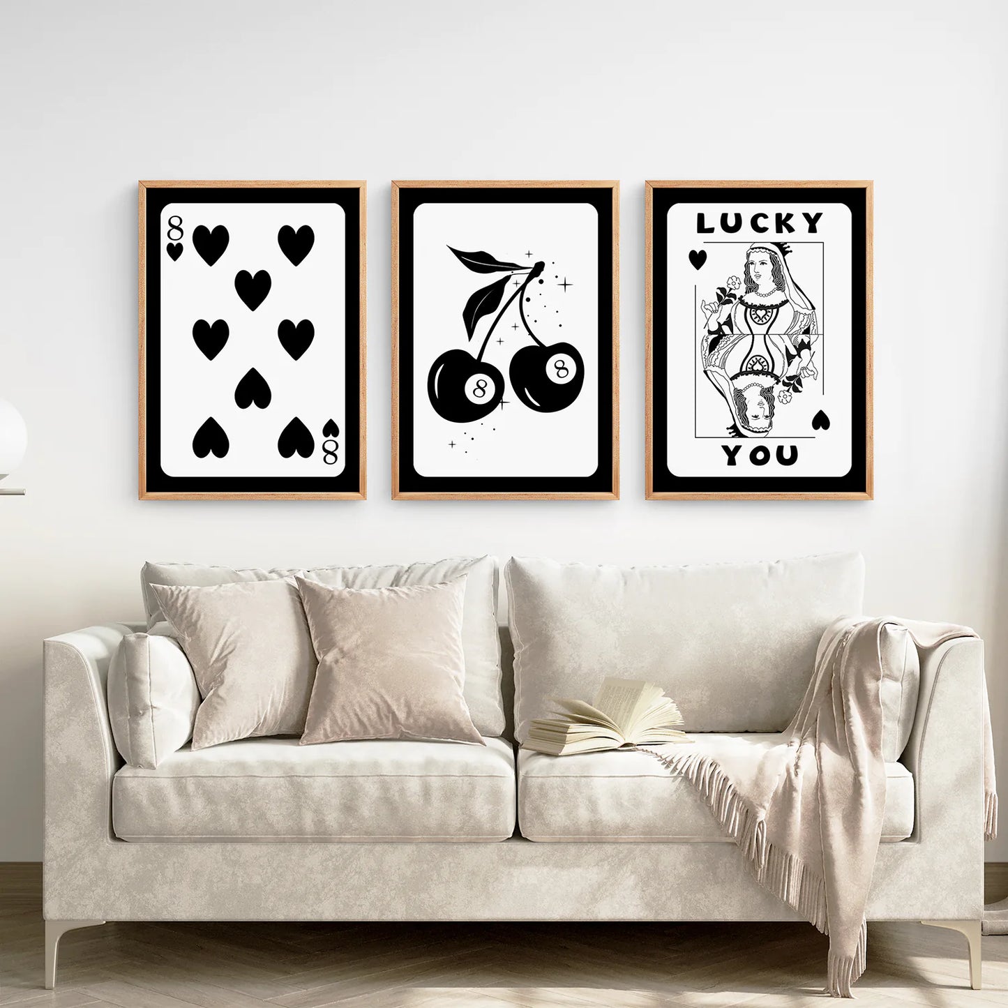 Trendy Wall Art Set. Room Decor Aesthetic Poster.Thin Wood Frames Over the Coach.